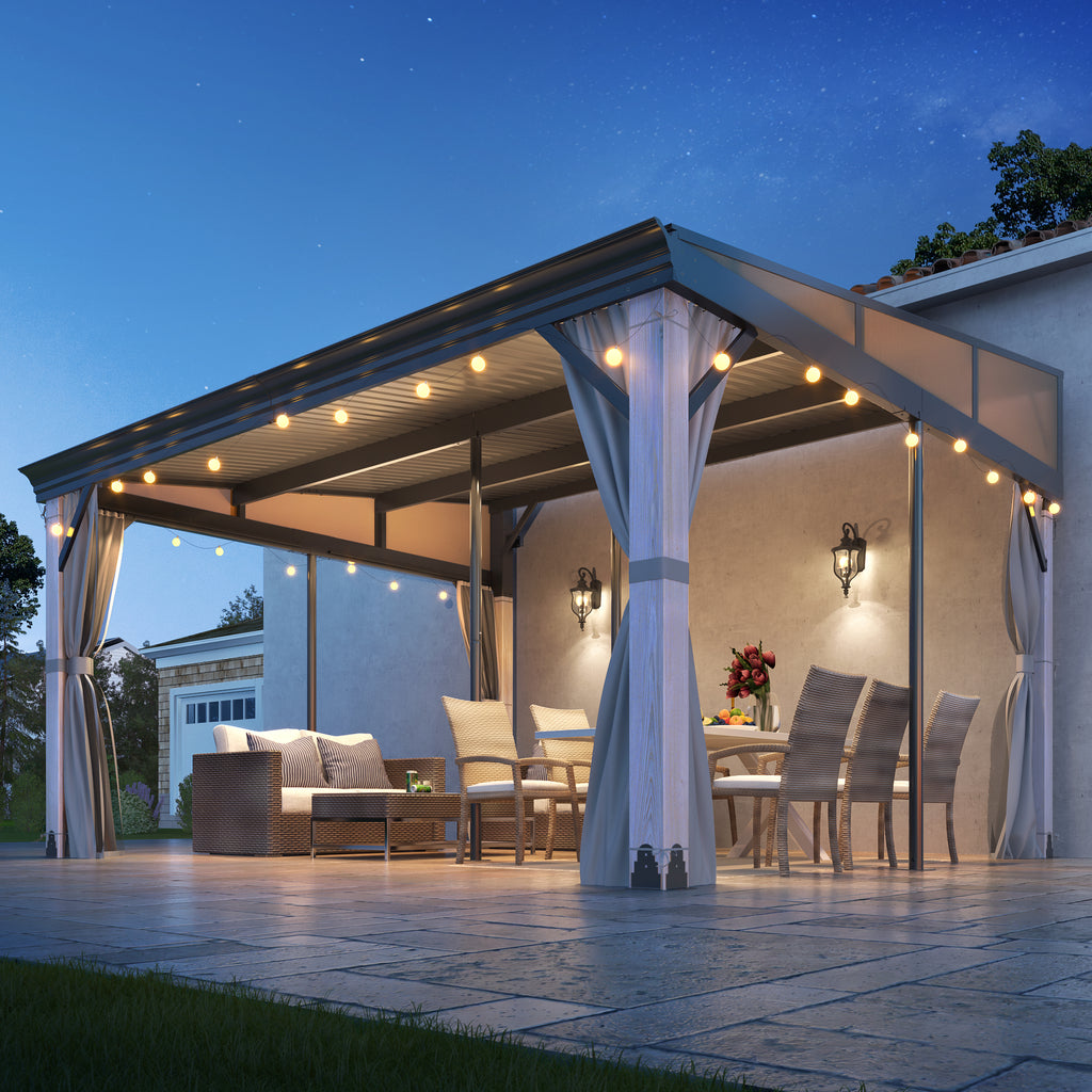12x14 ft Wall-Mounted Aluminum Gazebo With Natural Wood Framing