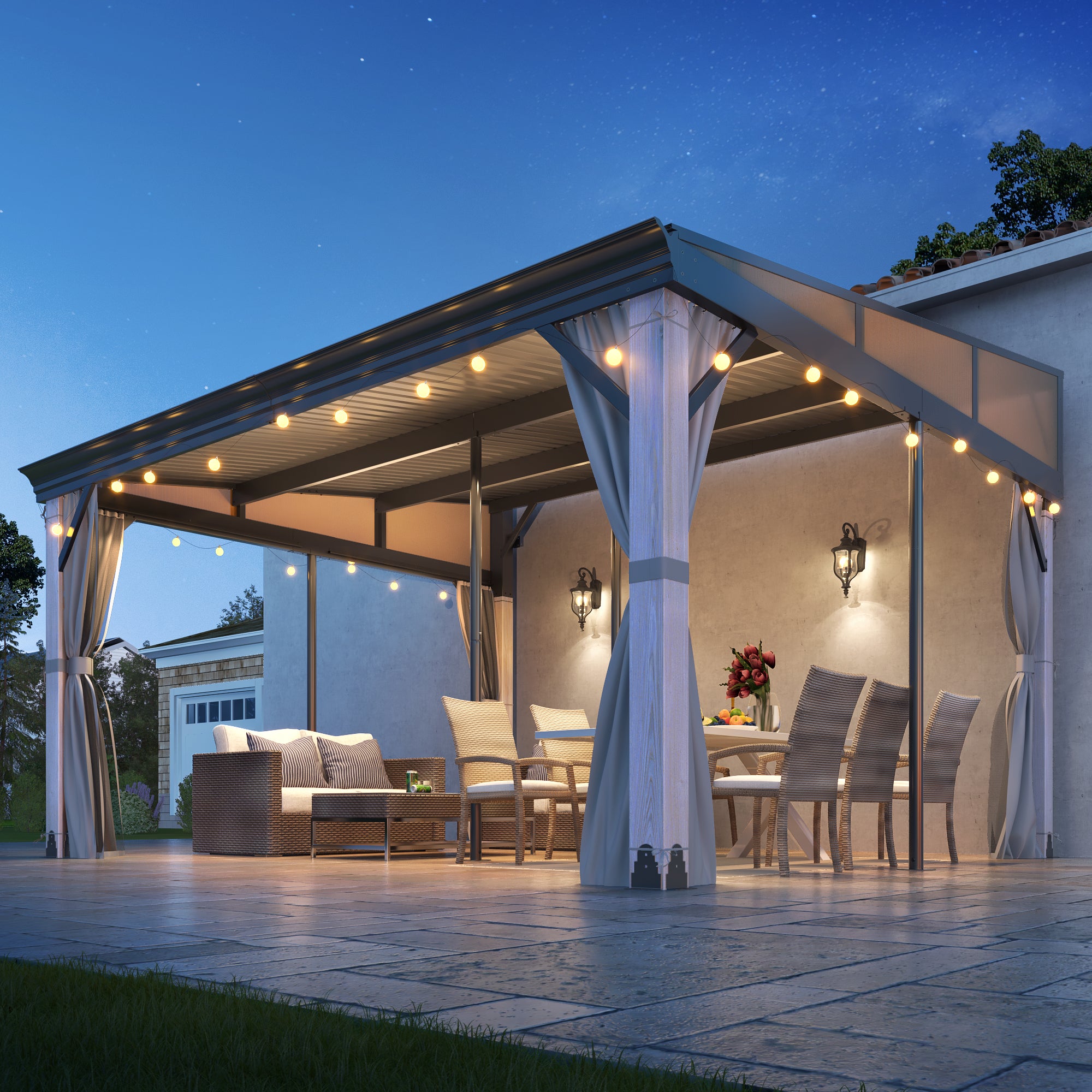 12x14 ft Wall-Mounted Aluminum Gazebo With Natural Wood Framing