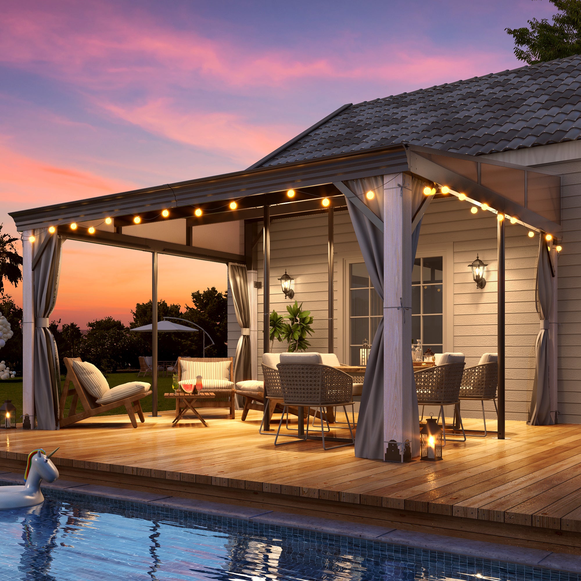 12x14 ft Wall-Mounted Aluminum Gazebo With Natural Wood Framing