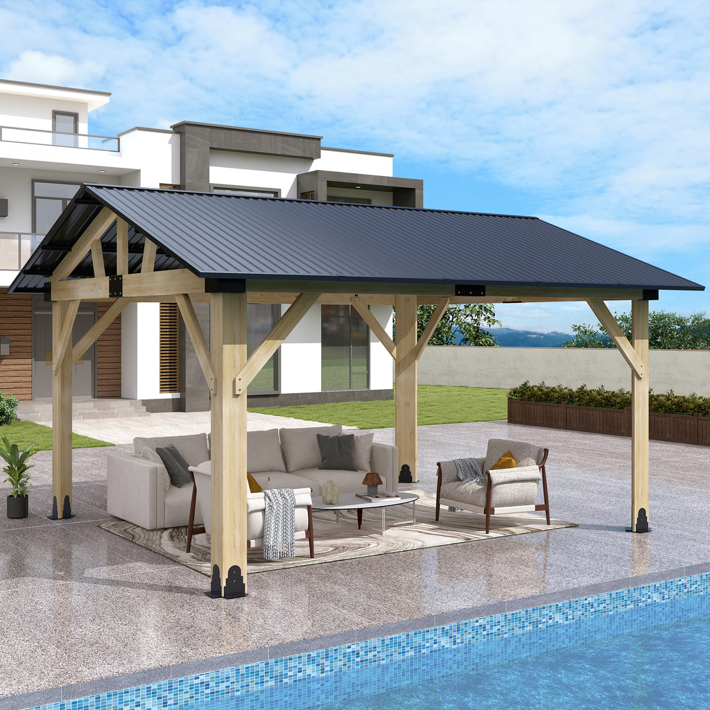 Outdoor Wooden Hardtop Gazebo with Galvanized Steel Roof – All-Weather Patio Shelter for Backyard, Deck & Garden