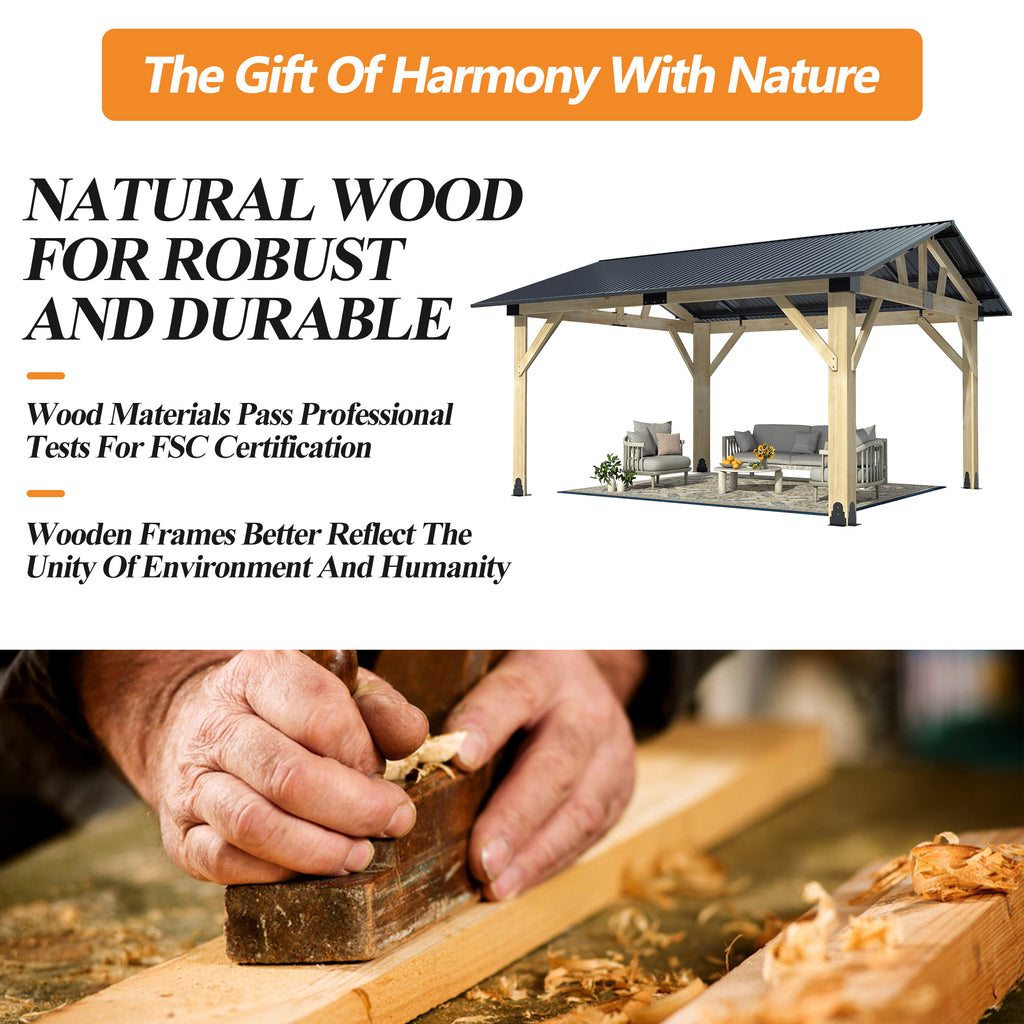 Outdoor Wooden Hardtop Gazebo with Galvanized Steel Roof – All-Weather Patio Shelter for Backyard, Deck & Garden