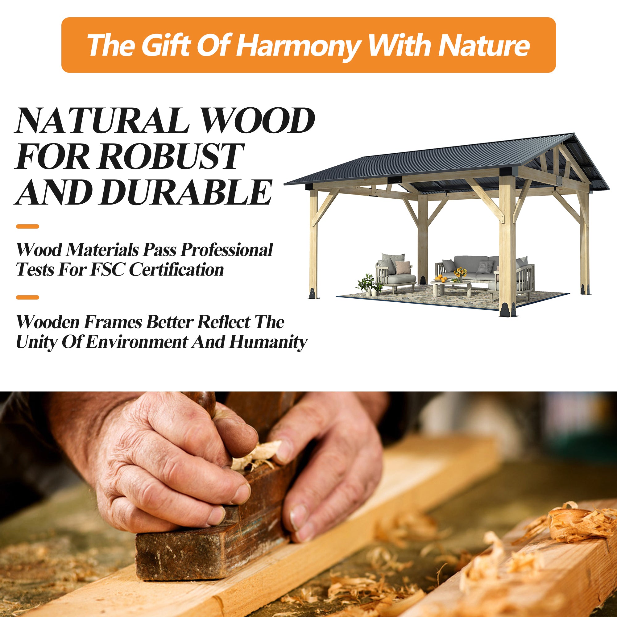 Outdoor Wooden Hardtop Gazebo with Galvanized Steel Roof – All-Weather Patio Shelter for Backyard, Deck & Garden