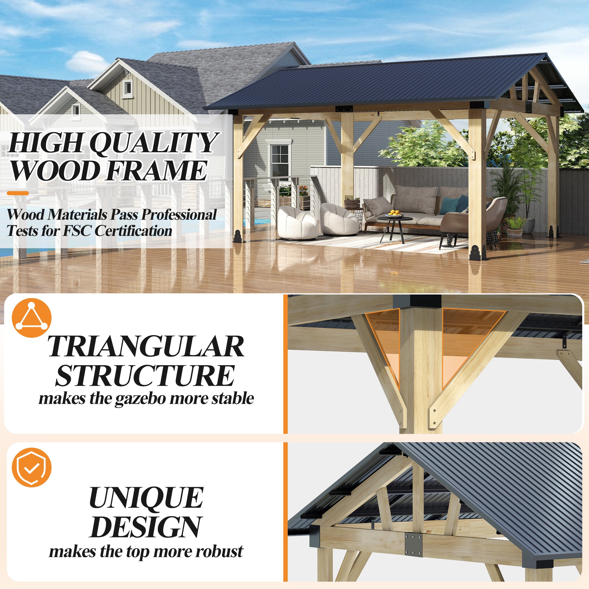Outdoor Wooden Hardtop Gazebo with Galvanized Steel Roof – All-Weather Patio Shelter for Backyard, Deck & Garden