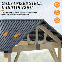 Outdoor Wooden Hardtop Gazebo with Galvanized Steel Roof – All-Weather Patio Shelter for Backyard, Deck & Garden
