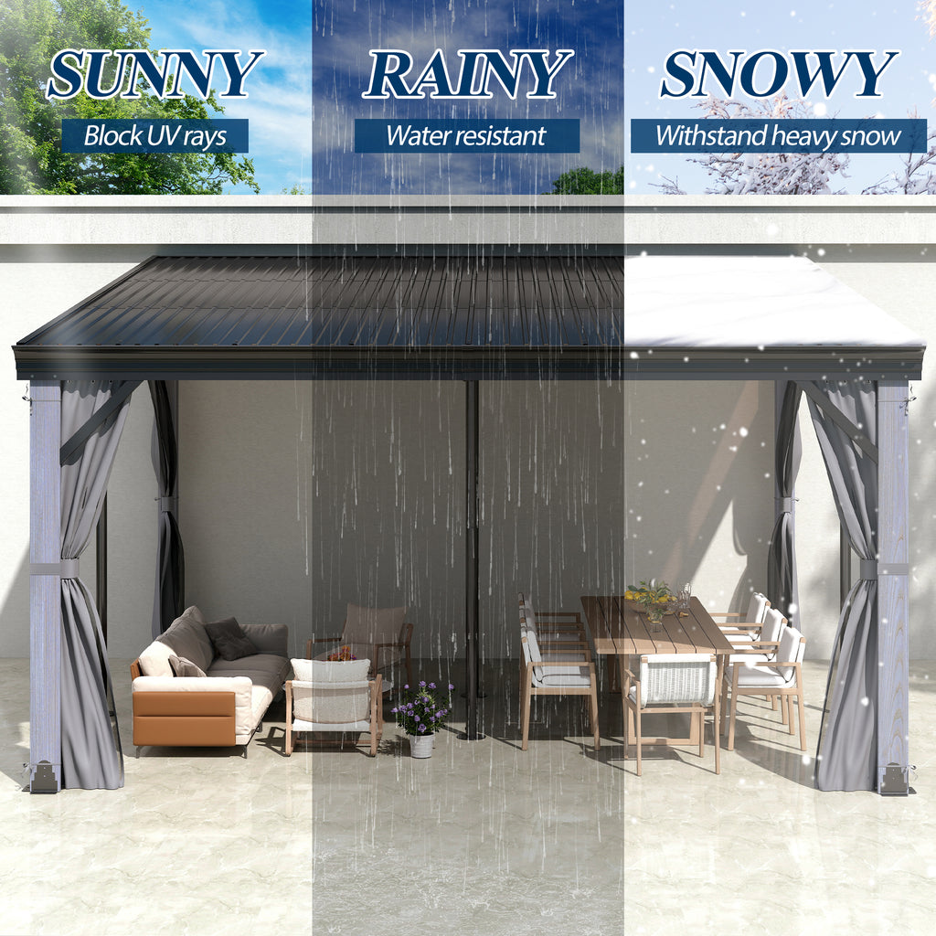 12x14 ft Wall-Mounted Aluminum Gazebo With Natural Wood Framing