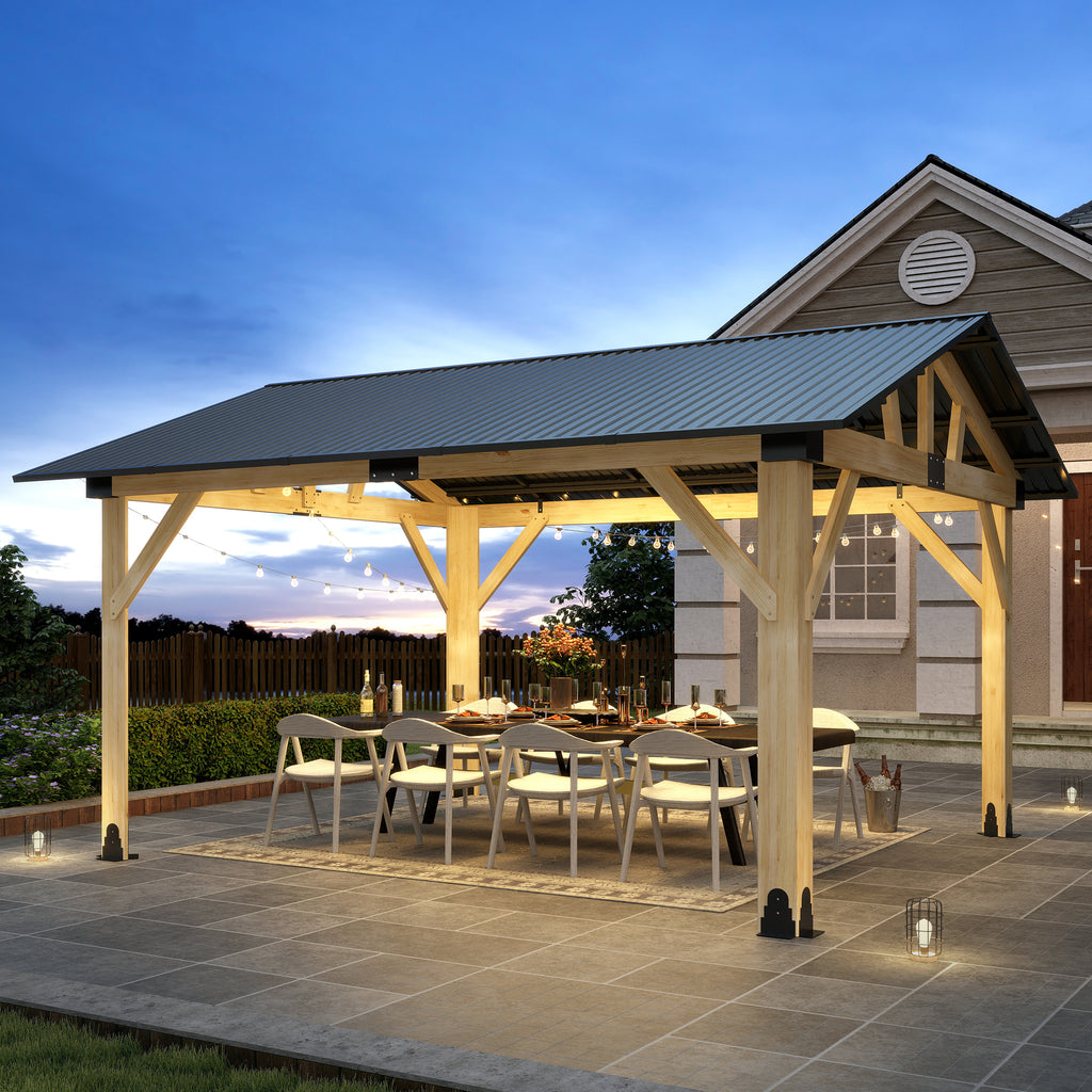 Outdoor Wooden Hardtop Gazebo with Galvanized Steel Roof – All-Weather Patio Shelter for Backyard, Deck & Garden