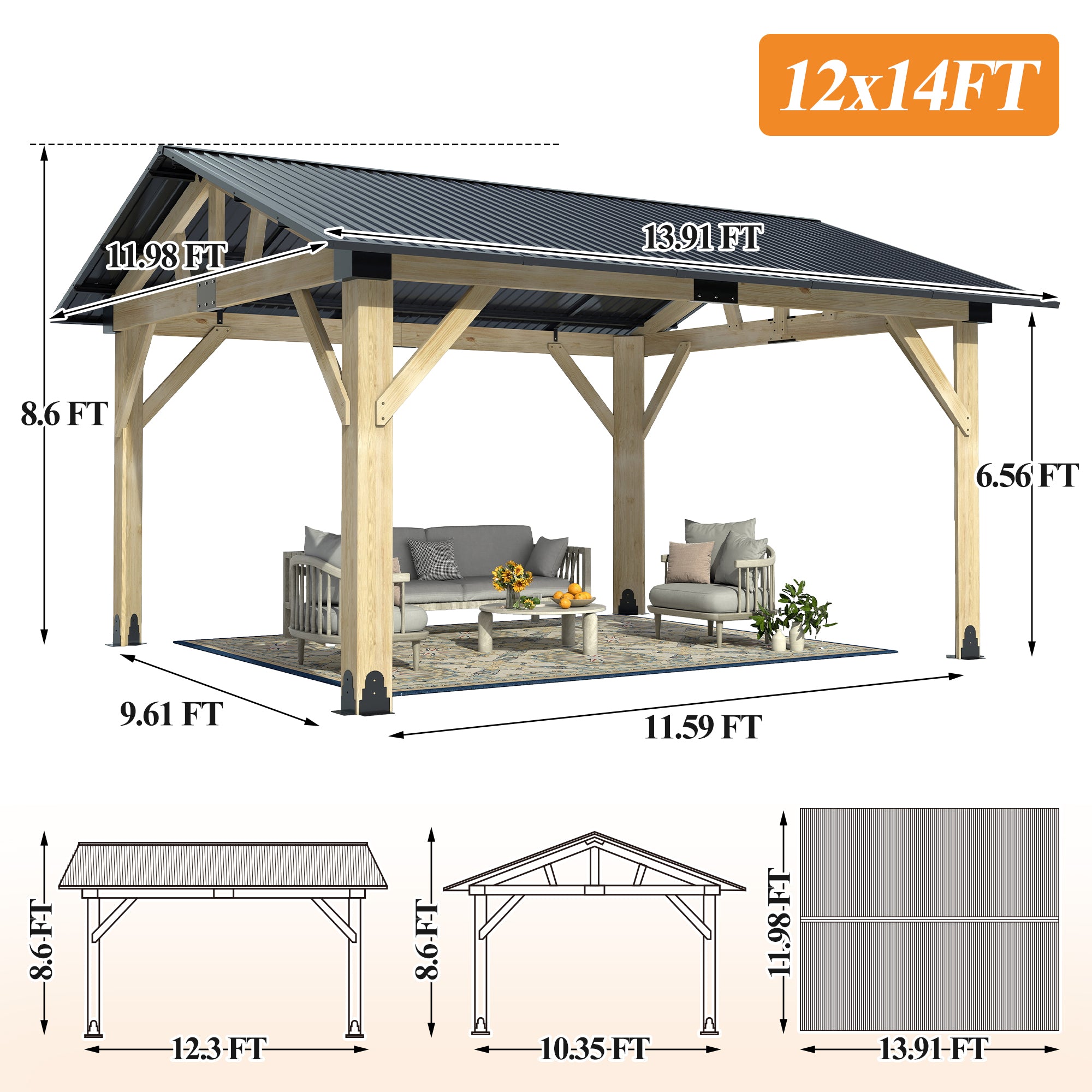 Outdoor Wooden Hardtop Gazebo with Galvanized Steel Roof – All-Weather Patio Shelter for Backyard, Deck & Garden
