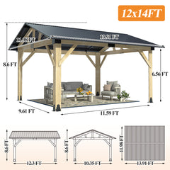 Outdoor Wooden Hardtop Gazebo with Galvanized Steel Roof – All-Weather Patio Shelter for Backyard, Deck & Garden
