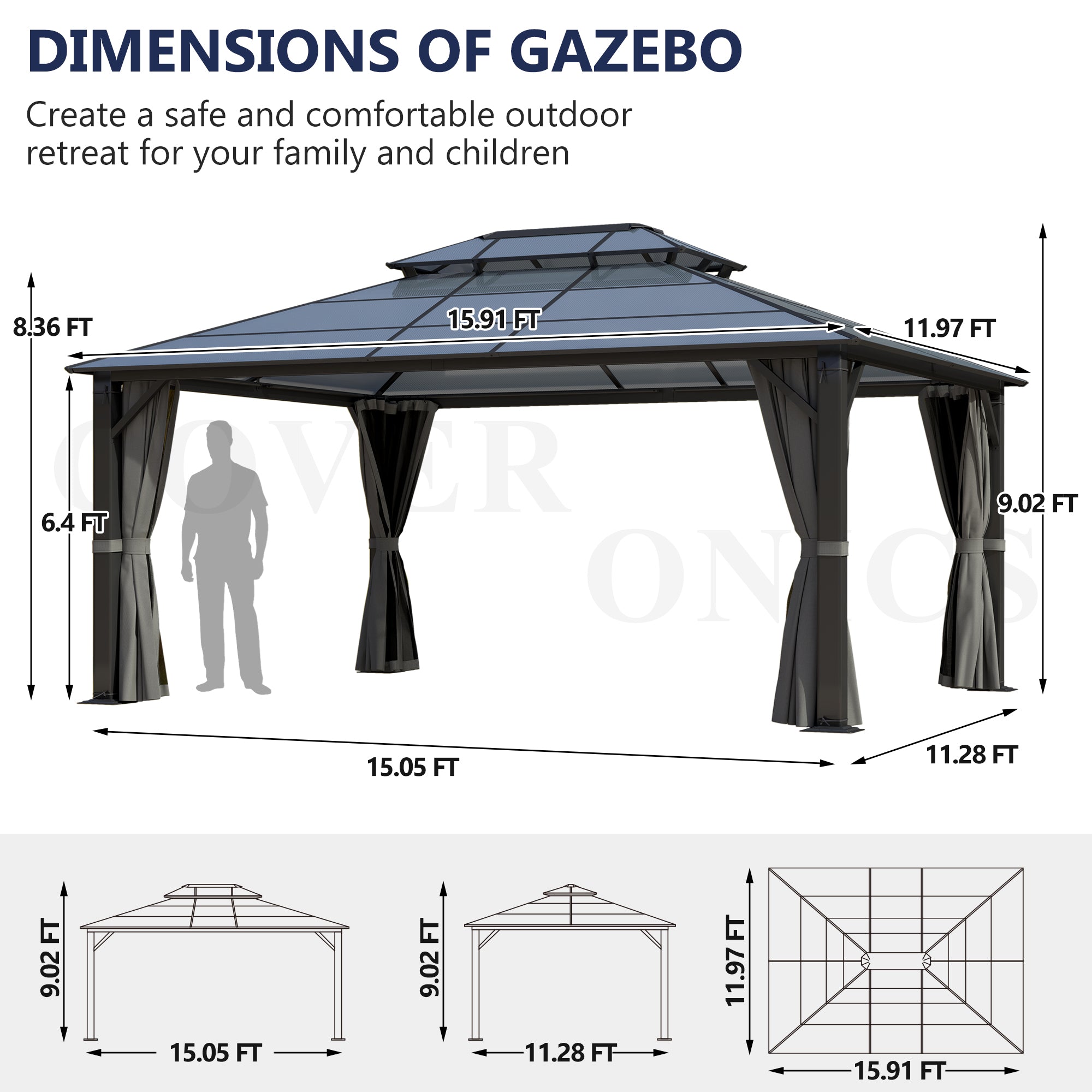 12×16 ft Polycarbonate Double Roof Hardtop Gazebo