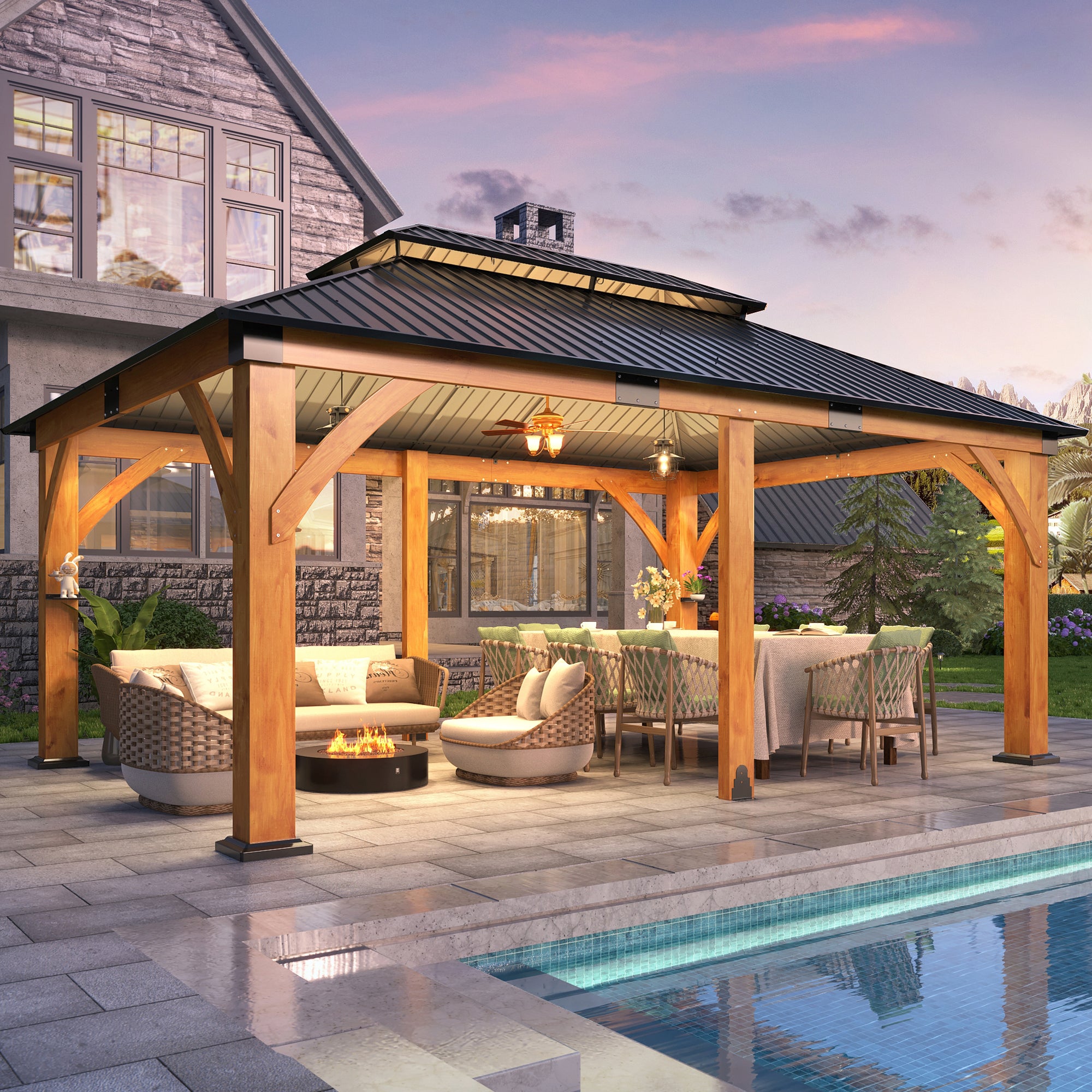 12×20 ft Spruce Wood Hardtop Gazebo with Double Roof