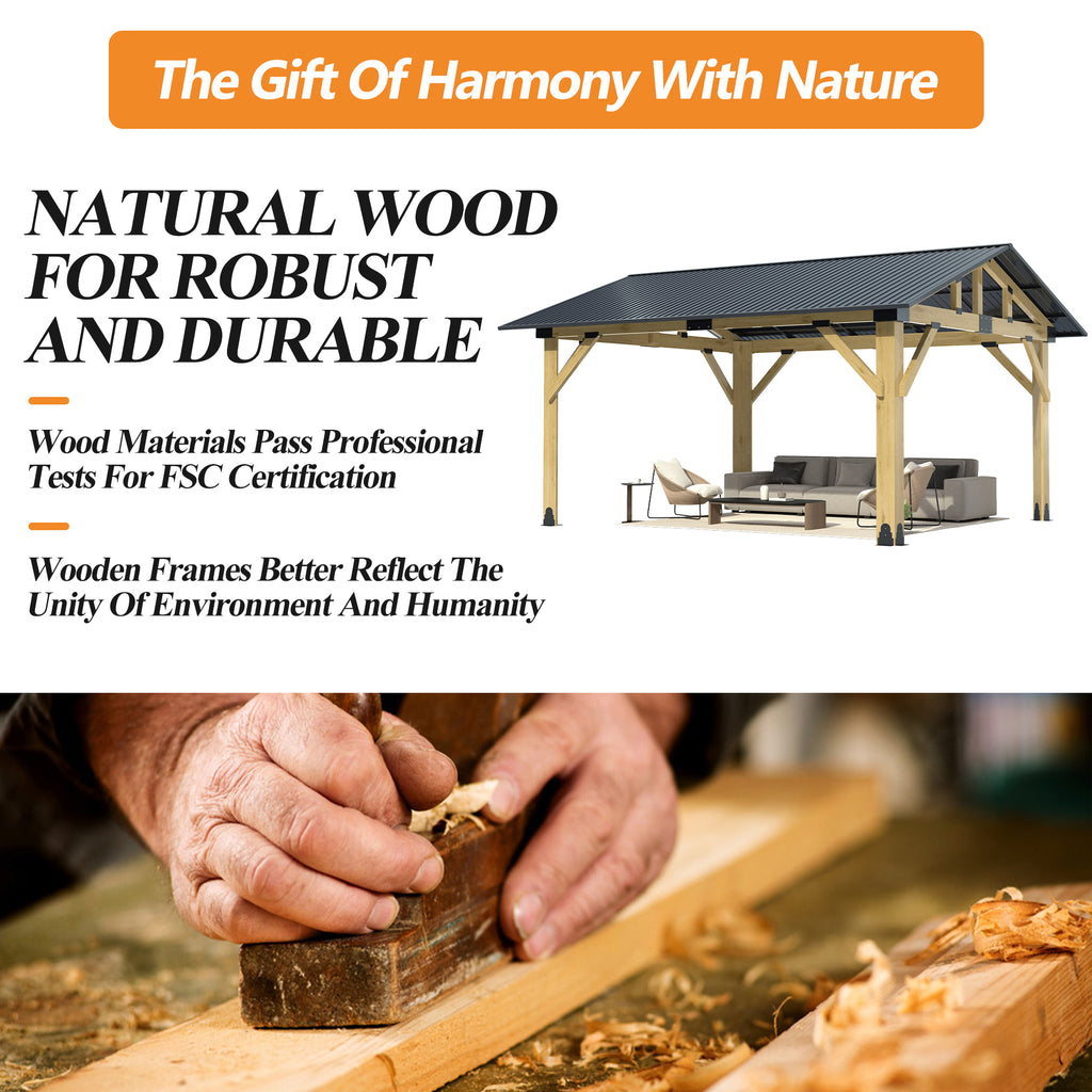 Outdoor Wooden Hardtop Gazebo with Galvanized Steel Roof – All-Weather Patio Shelter for Backyard, Deck & Garden