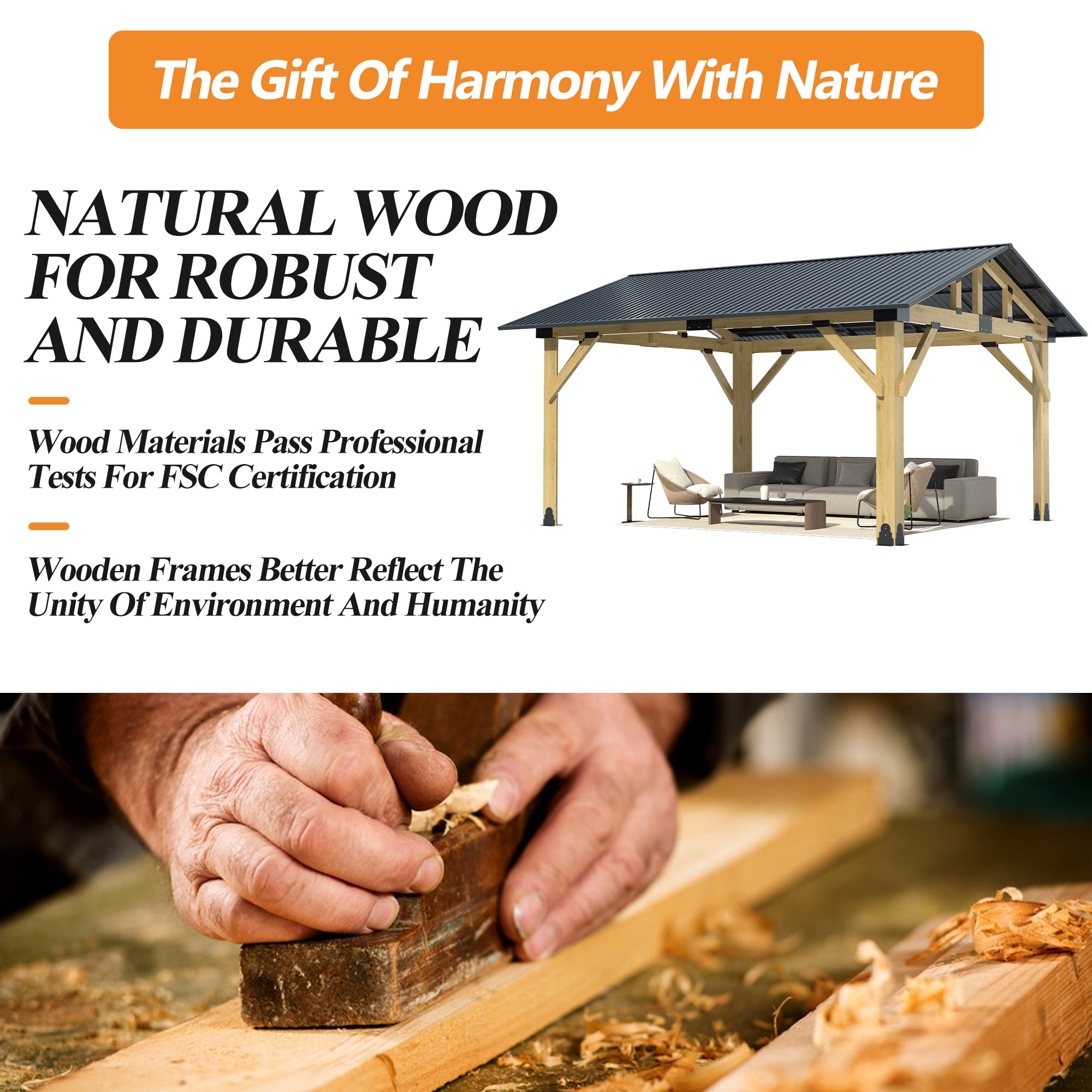 Outdoor Wooden Hardtop Gazebo with Galvanized Steel Roof – All-Weather Patio Shelter for Backyard, Deck & Garden