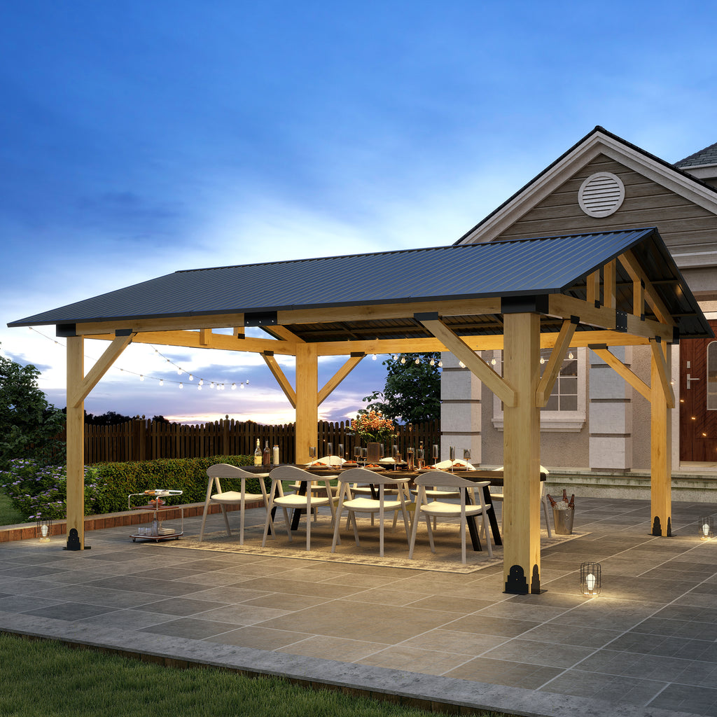 Outdoor Wooden Hardtop Gazebo with Galvanized Steel Roof – All-Weather Patio Shelter for Backyard, Deck & Garden