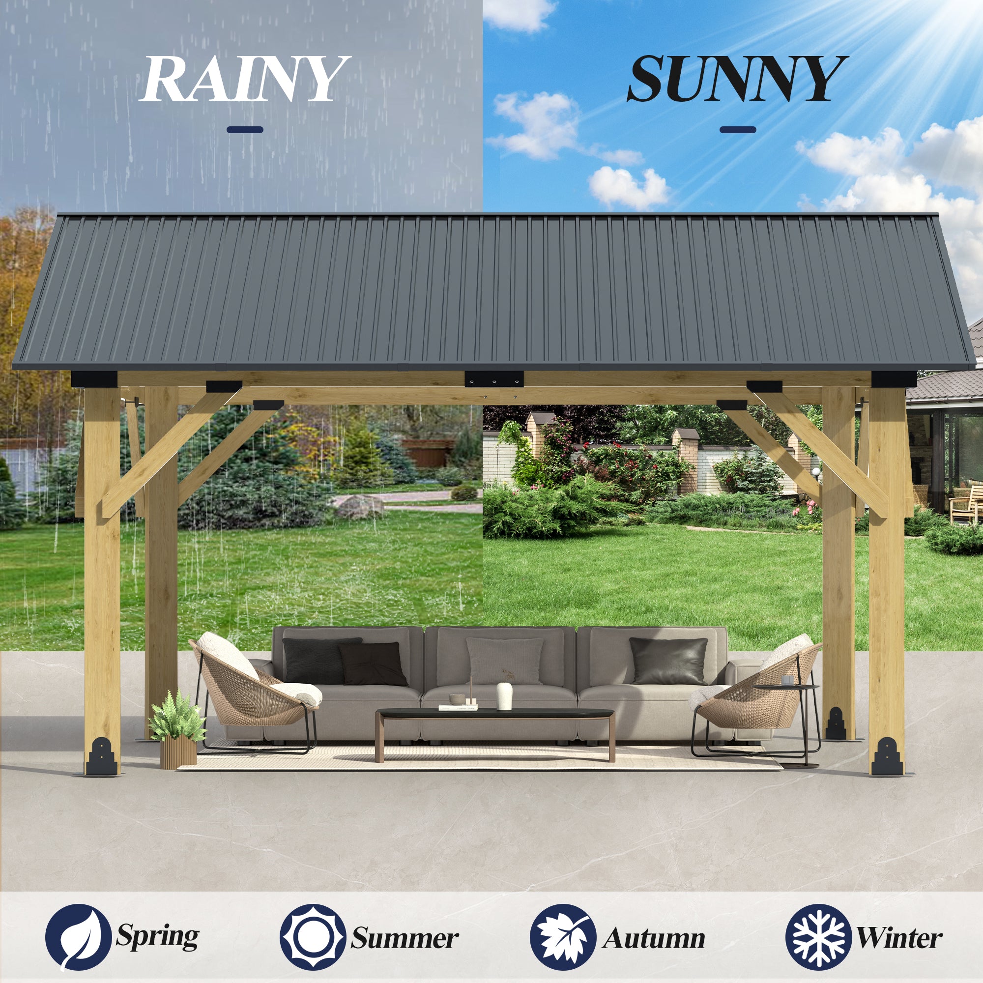 Multiple sizes Wooden Sloped Hardtop Gazebo（Curtains not included）