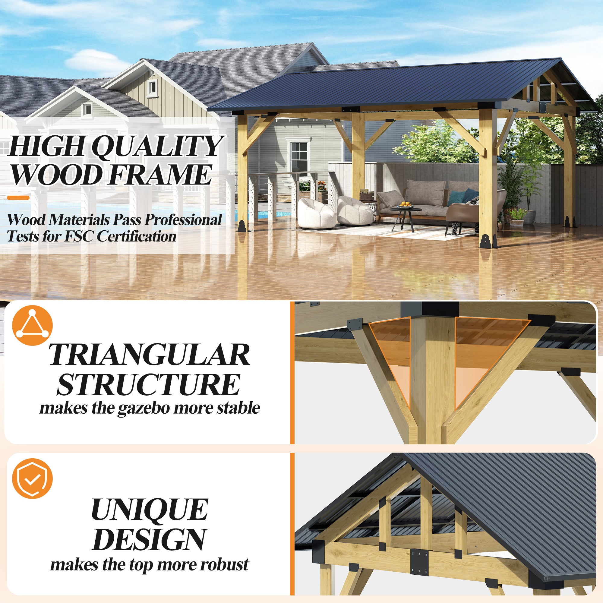 Outdoor Wooden Hardtop Gazebo with Galvanized Steel Roof – All-Weather Patio Shelter for Backyard, Deck & Garden