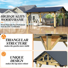 Outdoor Wooden Hardtop Gazebo with Galvanized Steel Roof – All-Weather Patio Shelter for Backyard, Deck & Garden