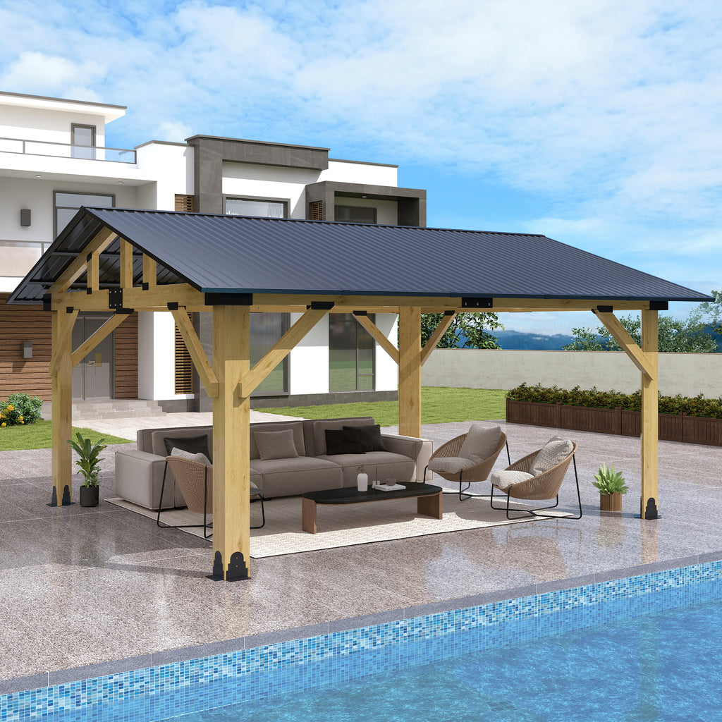 Outdoor Wooden Hardtop Gazebo with Galvanized Steel Roof – All-Weather Patio Shelter for Backyard, Deck & Garden