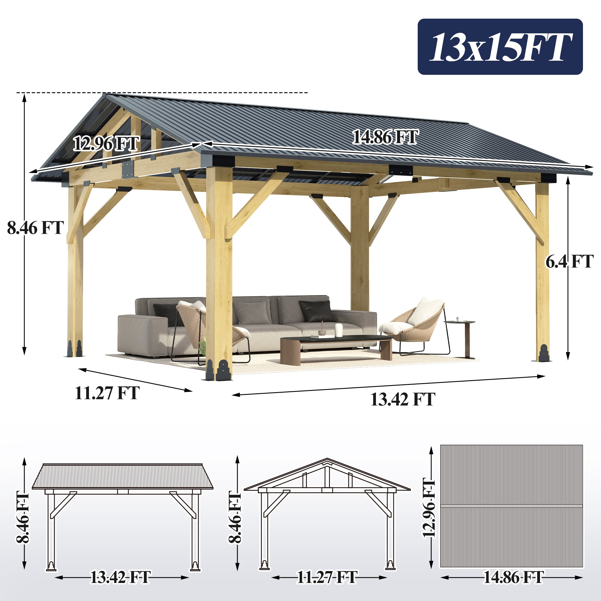 Multiple sizes Wooden Sloped Hardtop Gazebo（Curtains not included）