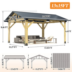 Outdoor Wooden Hardtop Gazebo with Galvanized Steel Roof – All-Weather Patio Shelter for Backyard, Deck & Garden