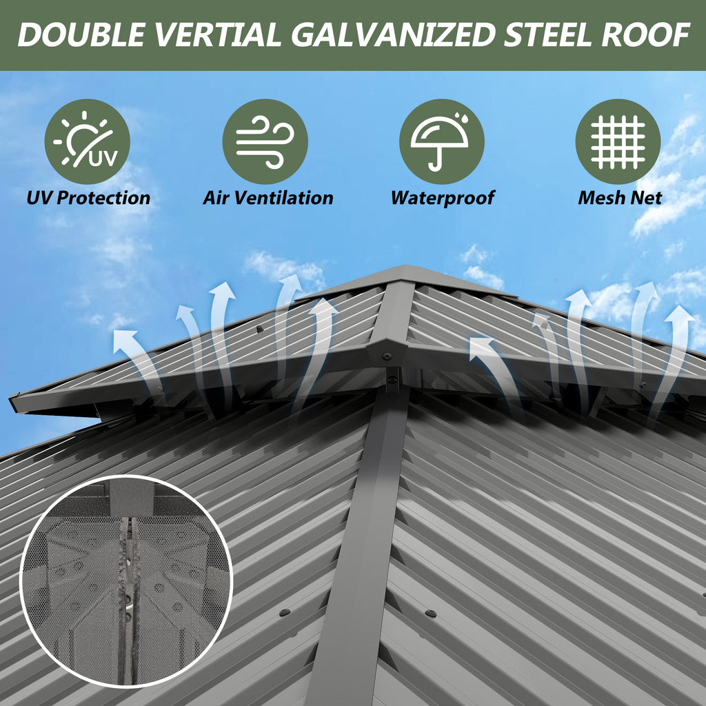 10×10 ft All-Steel Hardtop Gazebo with 0.25mm Color Steel Double Roof, Black Frame, Curtains & Netting