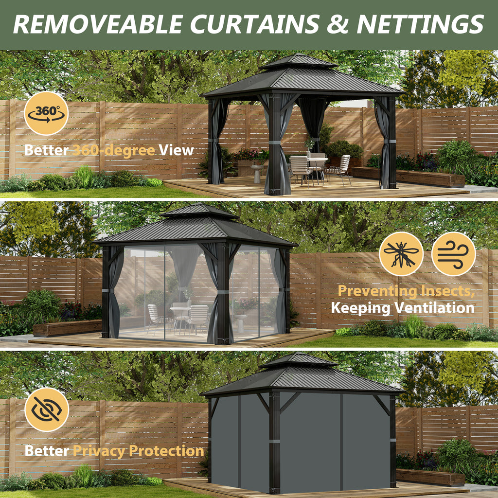 10×10 ft All-Steel Hardtop Gazebo with 0.25mm Color Steel Double Roof, Black Frame, Curtains & Netting