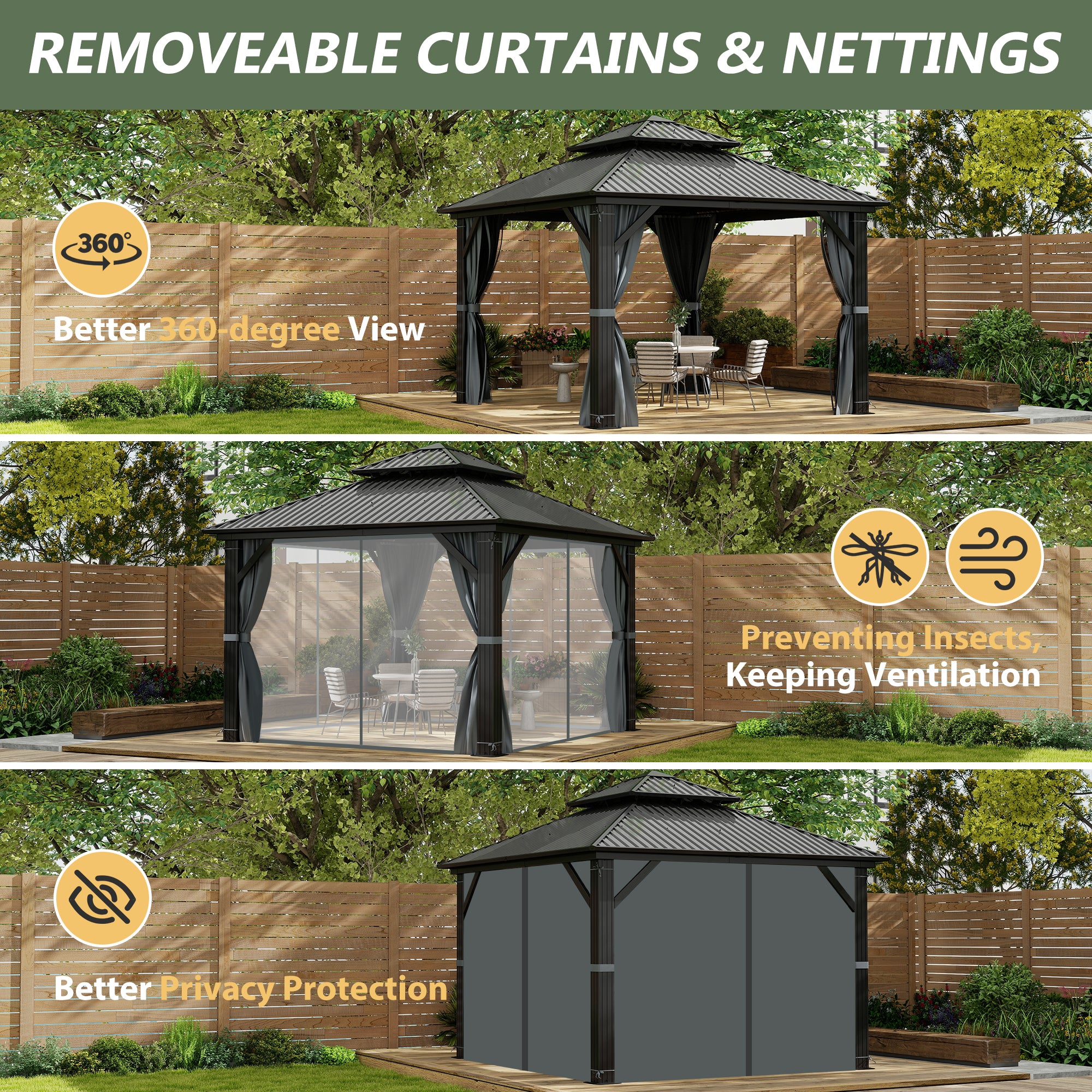 10×10 ft All-Steel Hardtop Gazebo with 0.25mm Color Steel Double Roof, Black Frame, Curtains & Netting