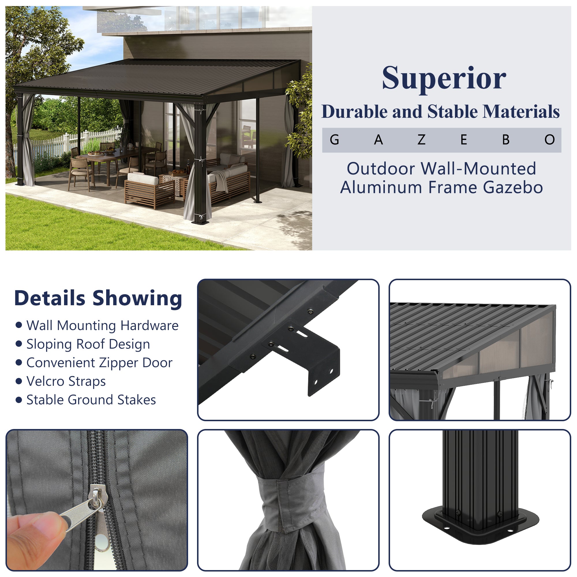 12×16 ft Wall-Mounted Aluminum Gazebo