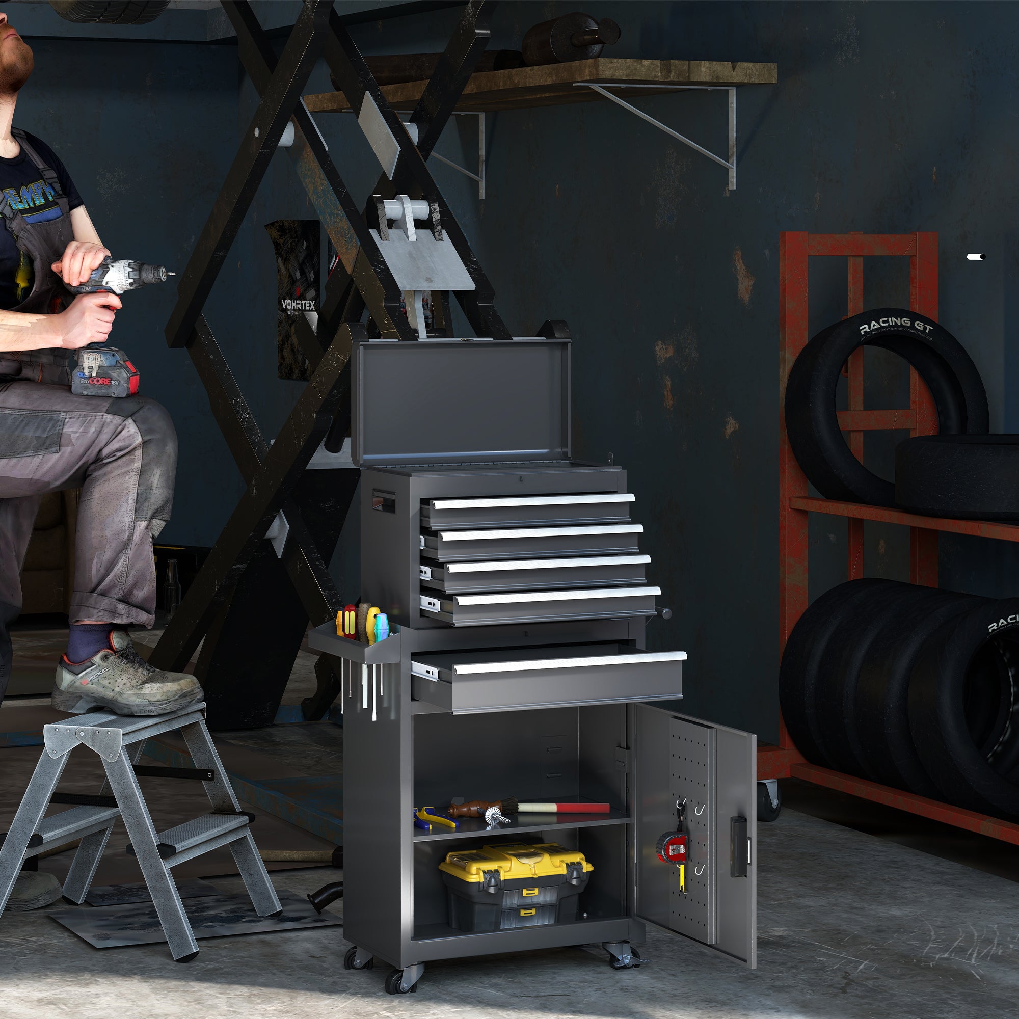 5-Drawer Heavy Duty Metal Tool Chest with Wheels & Handle, Rolling Storage Organizer