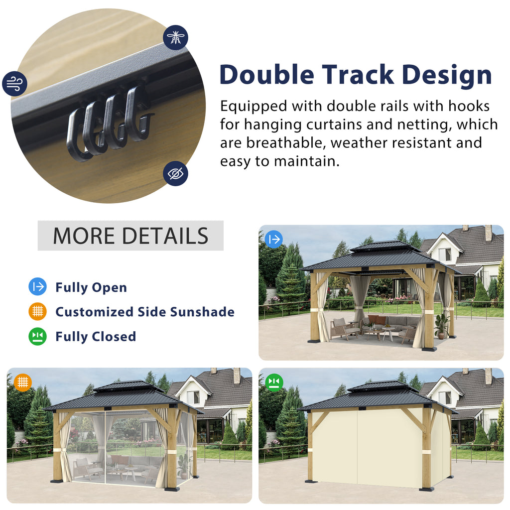 10×12 ft Natural Wooden Hardtop Gazebo