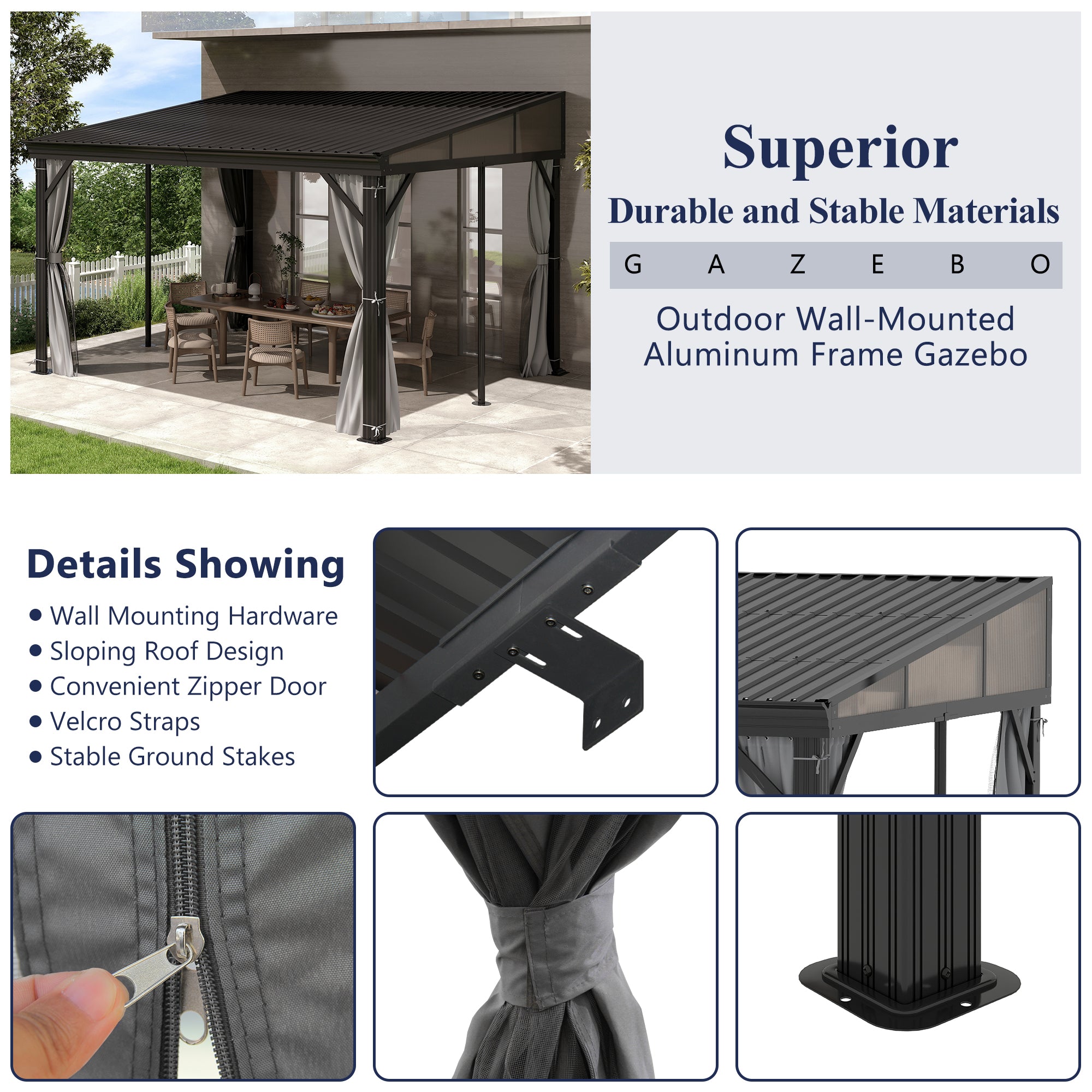 10×12 ft Wall-Mounted Aluminum Gazebo