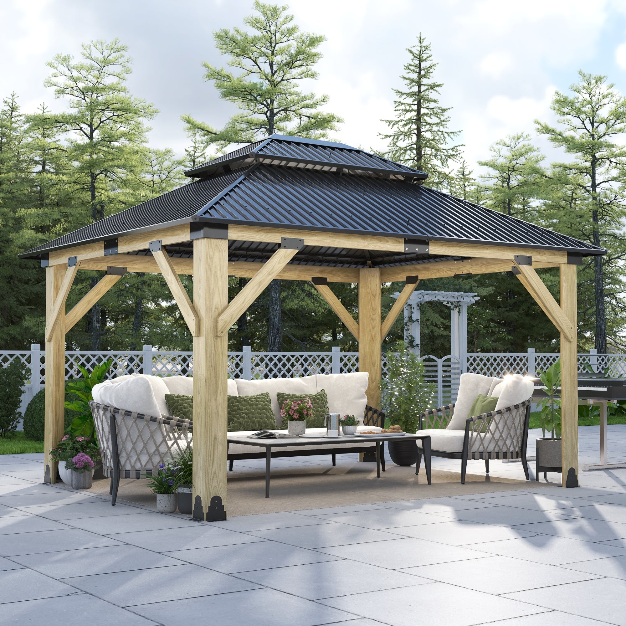 11×13 ft Natural Wooden Hardtop Gazebo
