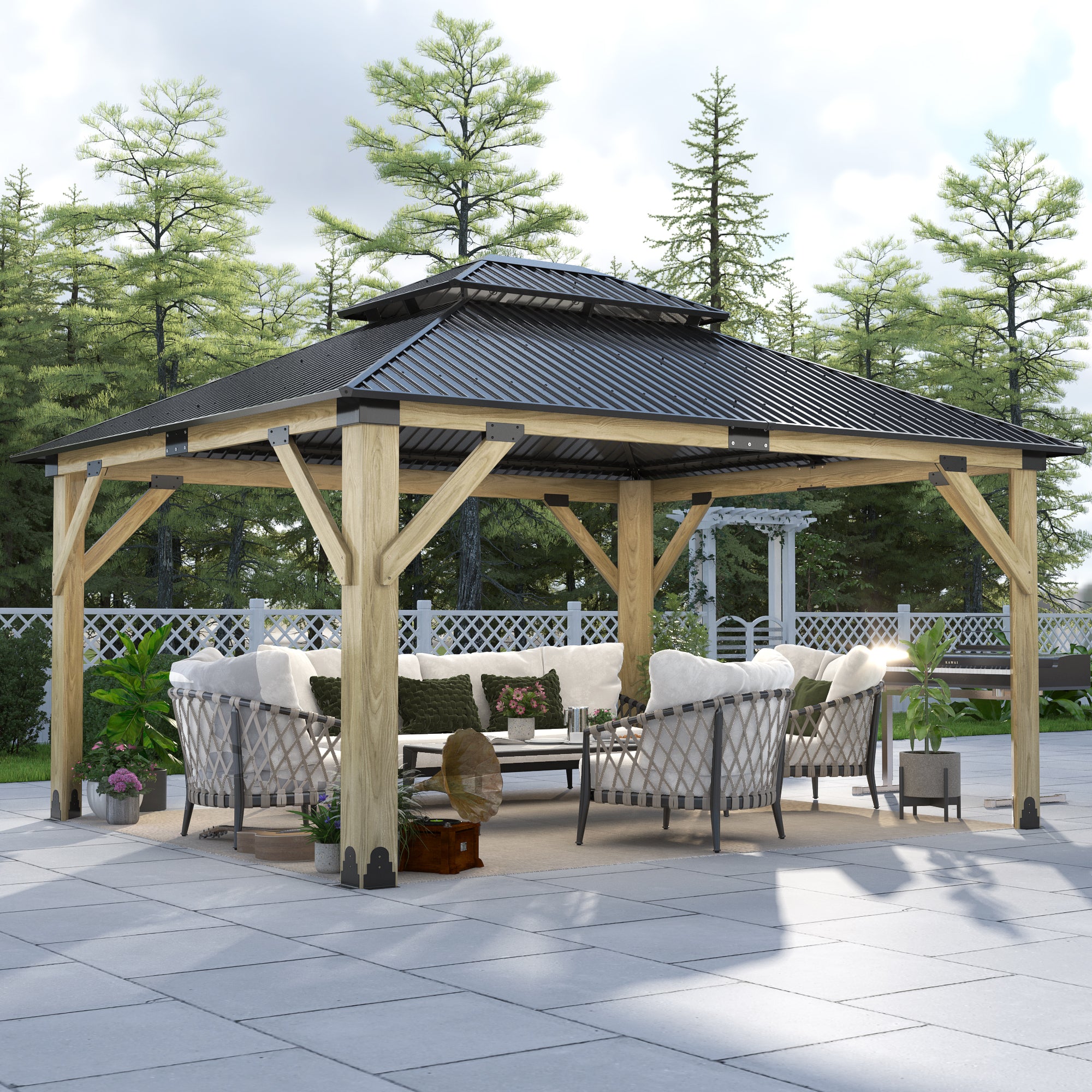 13×15 ft Natural Wooden Hardtop Gazebo