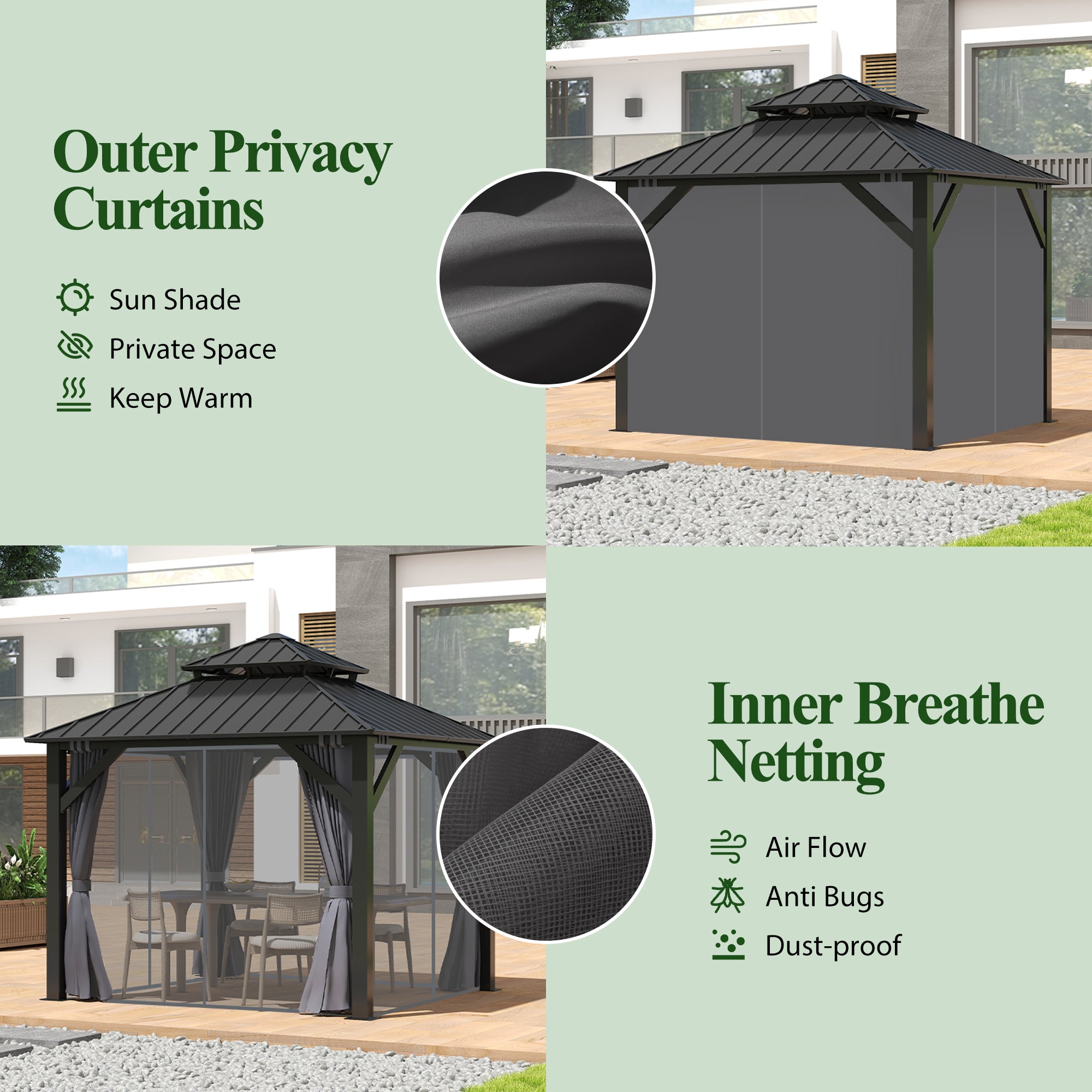 COVERONICS 8.5' X 8.5' Outdoor Galvanized Hardtop Gazebo - Aluminum Heavy-Duty Double Roof Vented Gazebo With Breathable Netting & Privacy Curtains For Patio, Porch, Garden, Lawn