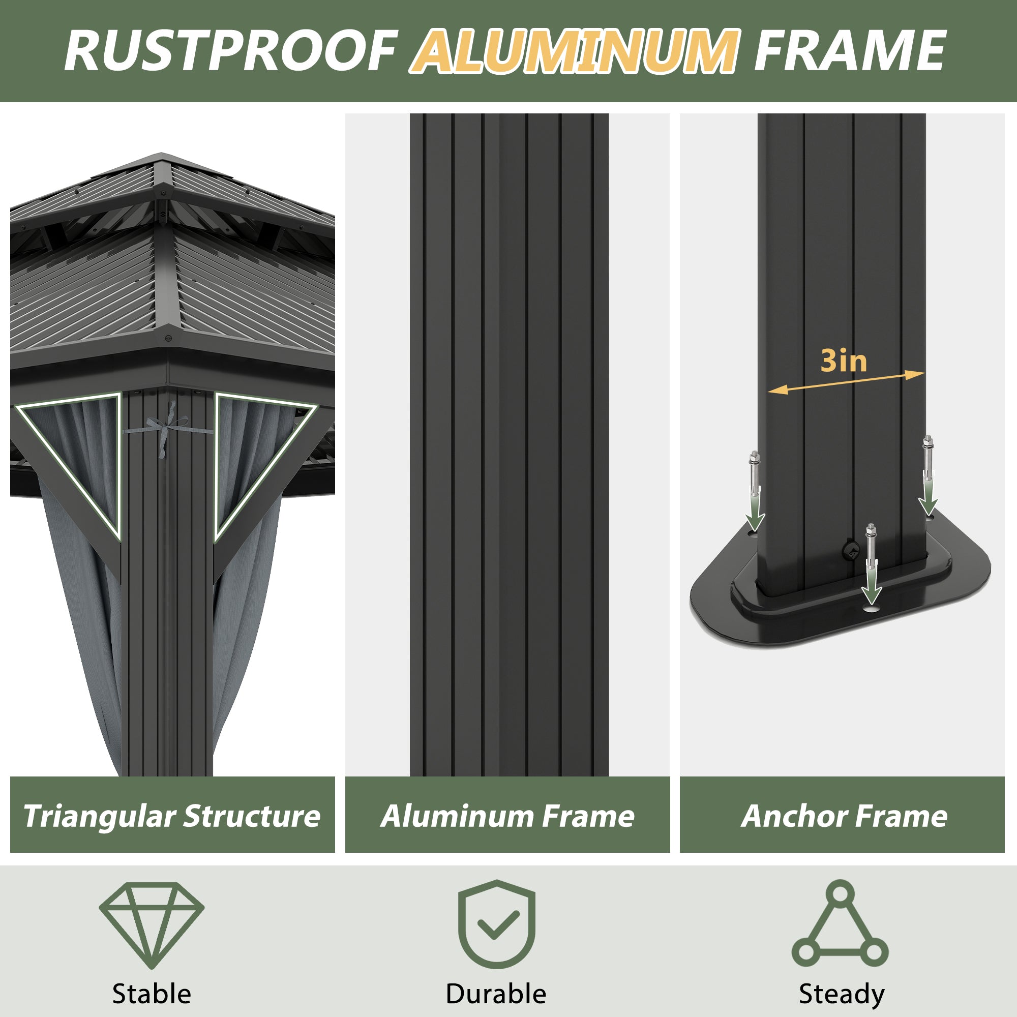 10×10 ft All-Steel Hardtop Gazebo with 0.25mm Color Steel Double Roof, Black Frame, Curtains & Netting