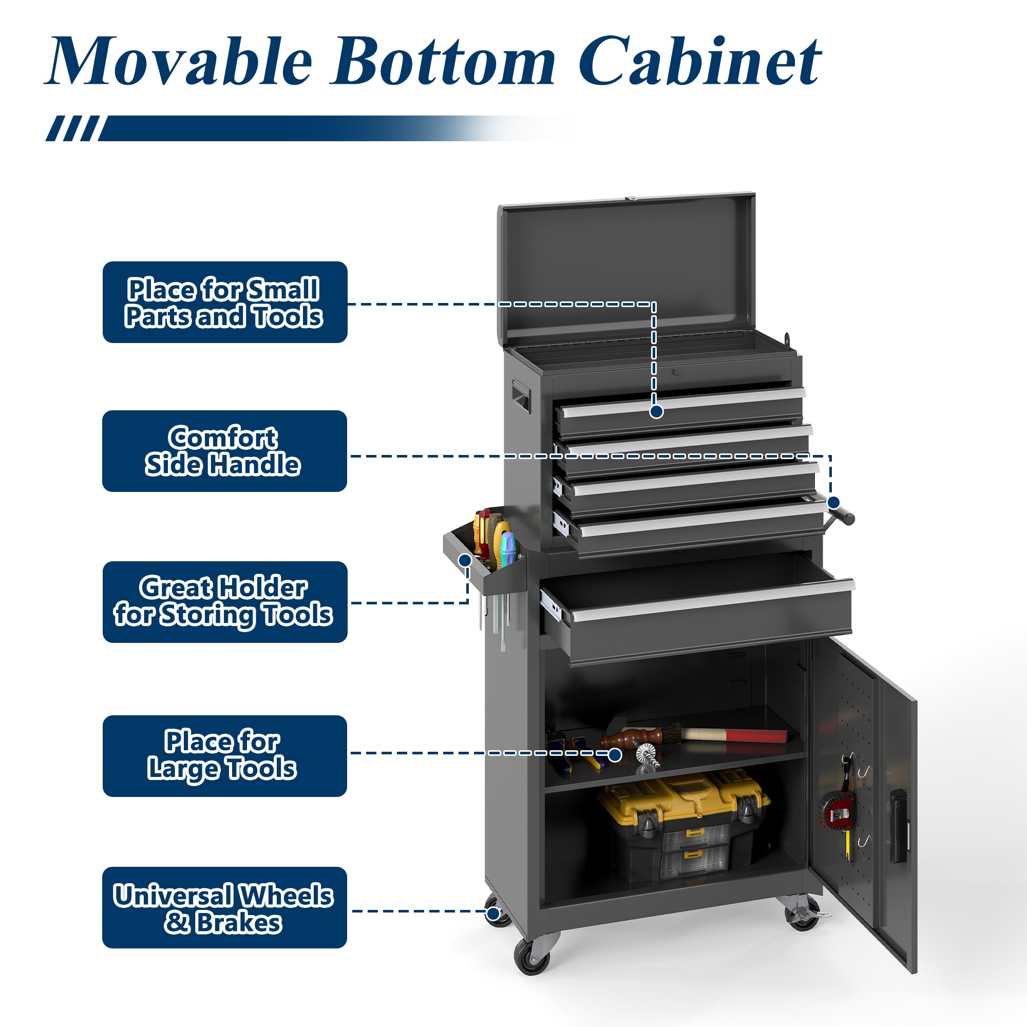 5-Drawer Heavy Duty Metal Tool Chest with Wheels & Handle, Rolling Storage Organizer