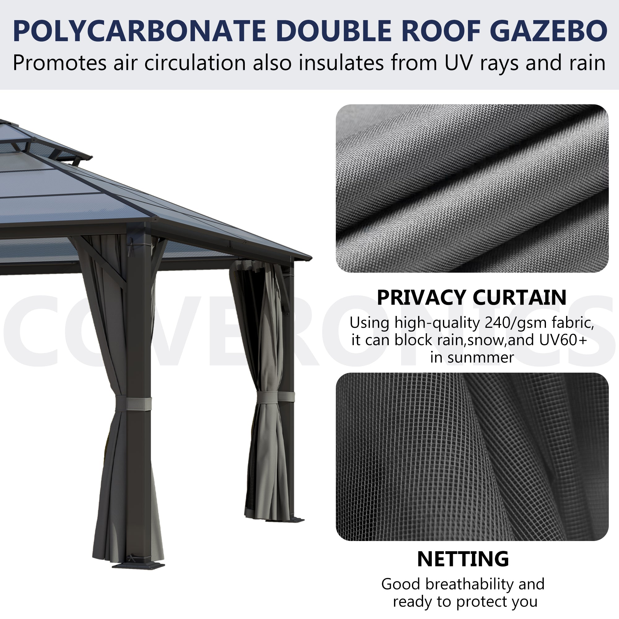 12×16 ft Polycarbonate Double Roof Hardtop Gazebo