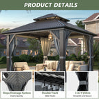 10×10 ft All-Steel Hardtop Gazebo with 0.25mm Color Steel Double Roof, Black Frame, Curtains & Netting