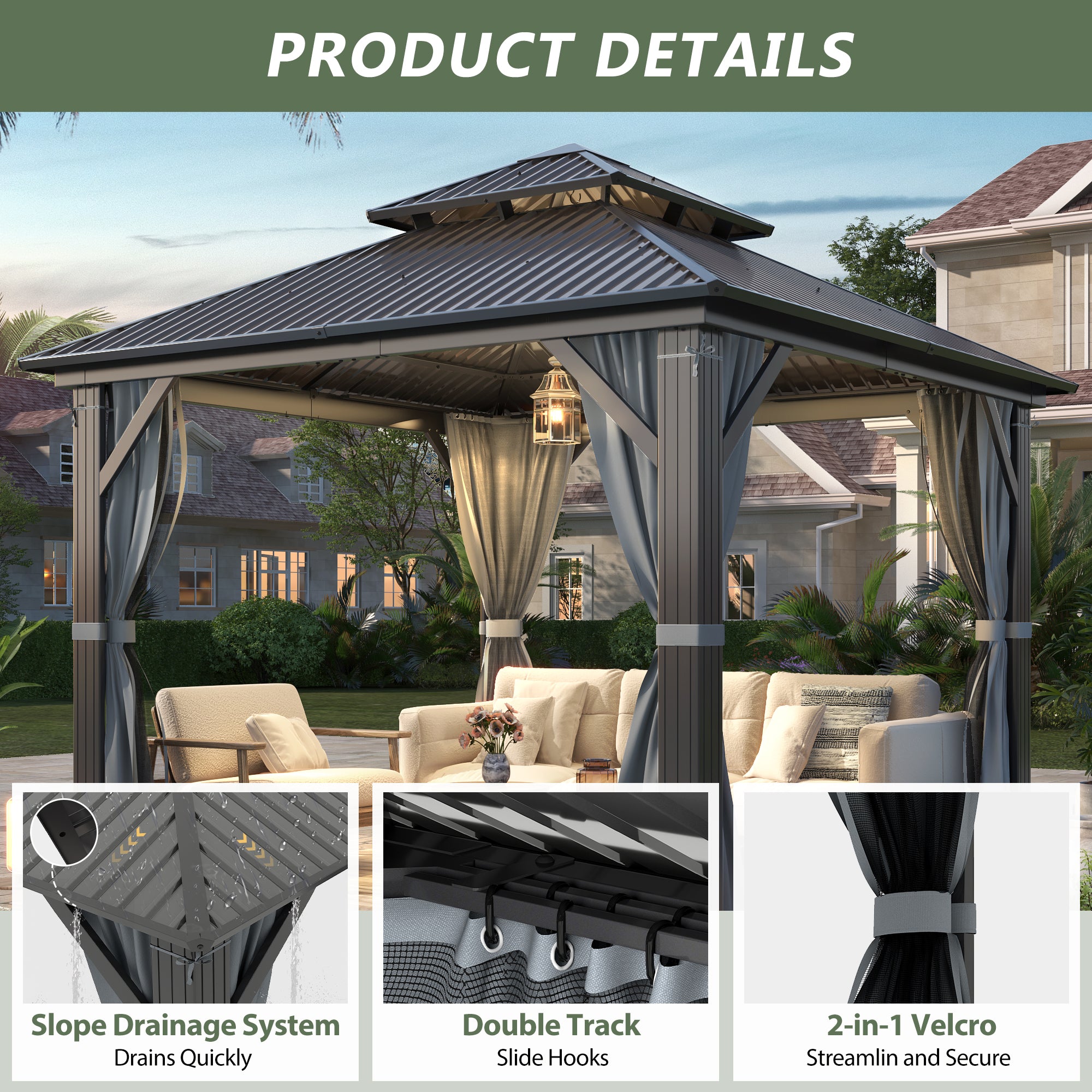 10×10 ft All-Steel Hardtop Gazebo with 0.25mm Color Steel Double Roof, Black Frame, Curtains & Netting