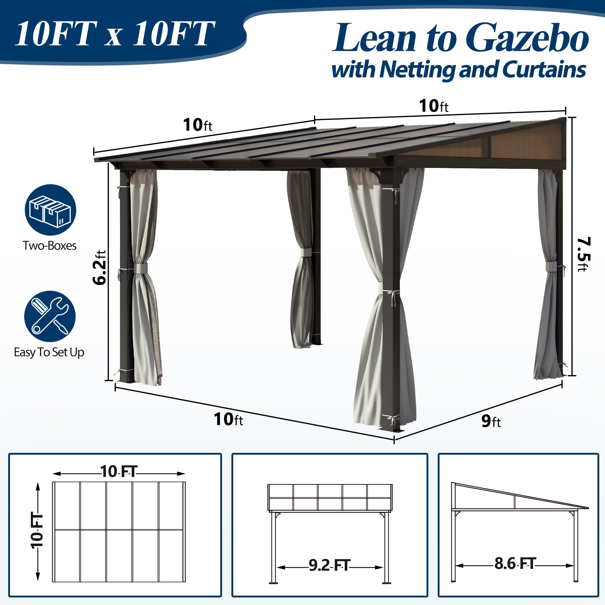 10×10 ft Wall-Mounted Polycarbonate Lean-To Gazebo