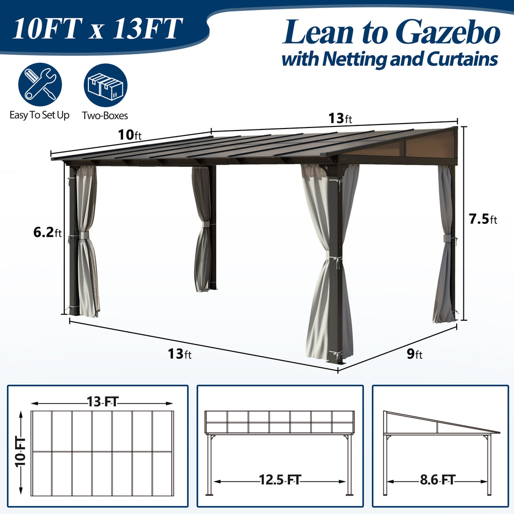 10×13 ft Wall-Mounted Polycarbonate Lean-to Gazebo