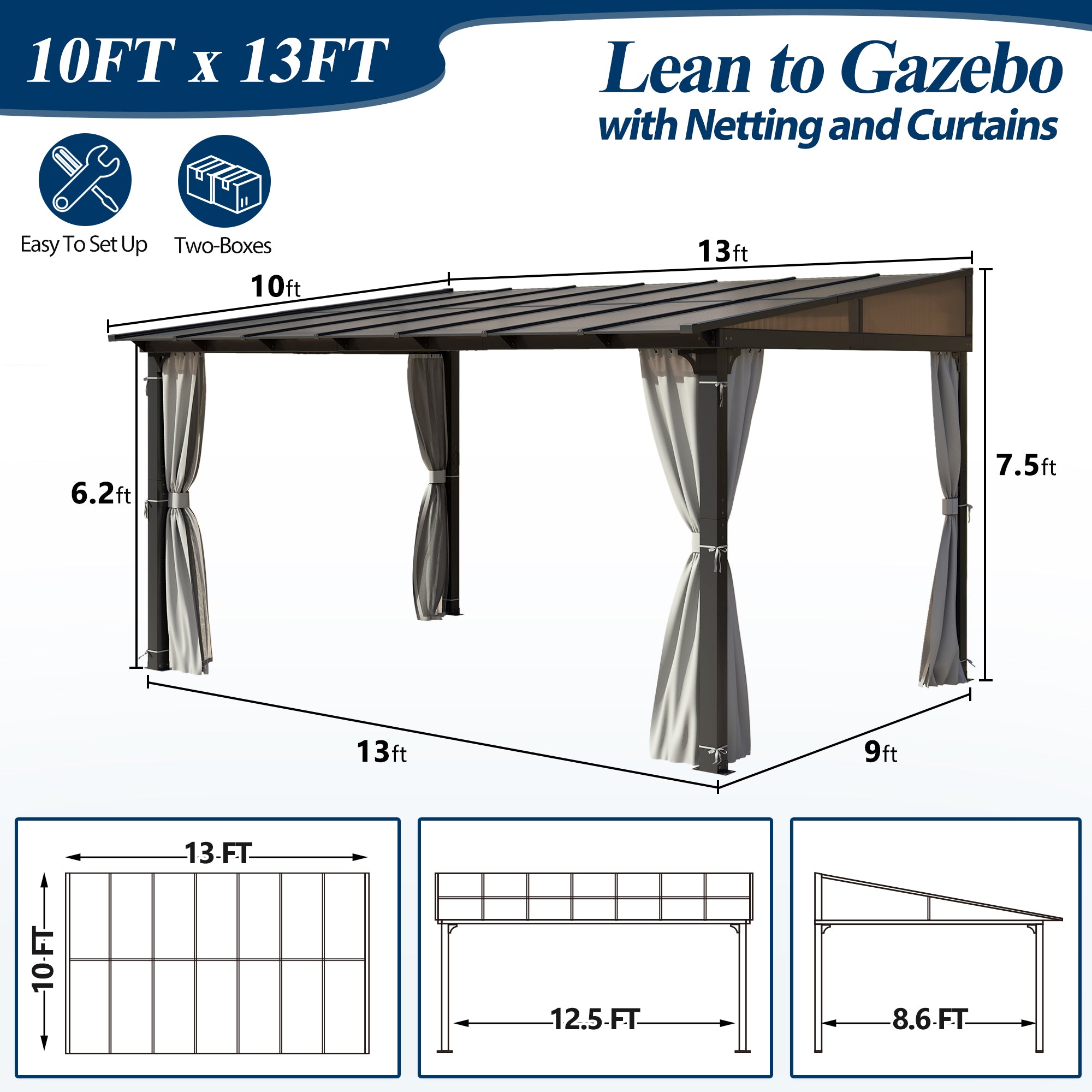 10×13 ft Wall-Mounted Polycarbonate Lean-to Gazebo
