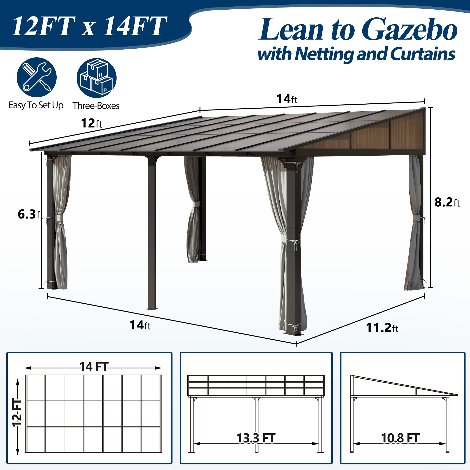 12×14 ft Wall-Mounted Polycarbonate Lean-to Gazebo