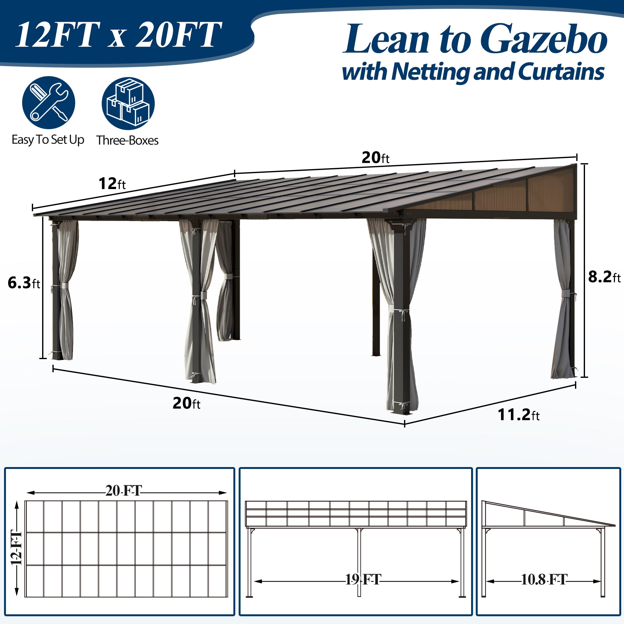 12×20 ft Wall-Mounted Polycarbonate Lean-to Gazebo