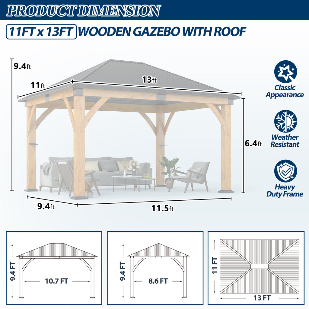 11×13 ft Spruce Wood Hardtop Gazebo with Single Roof