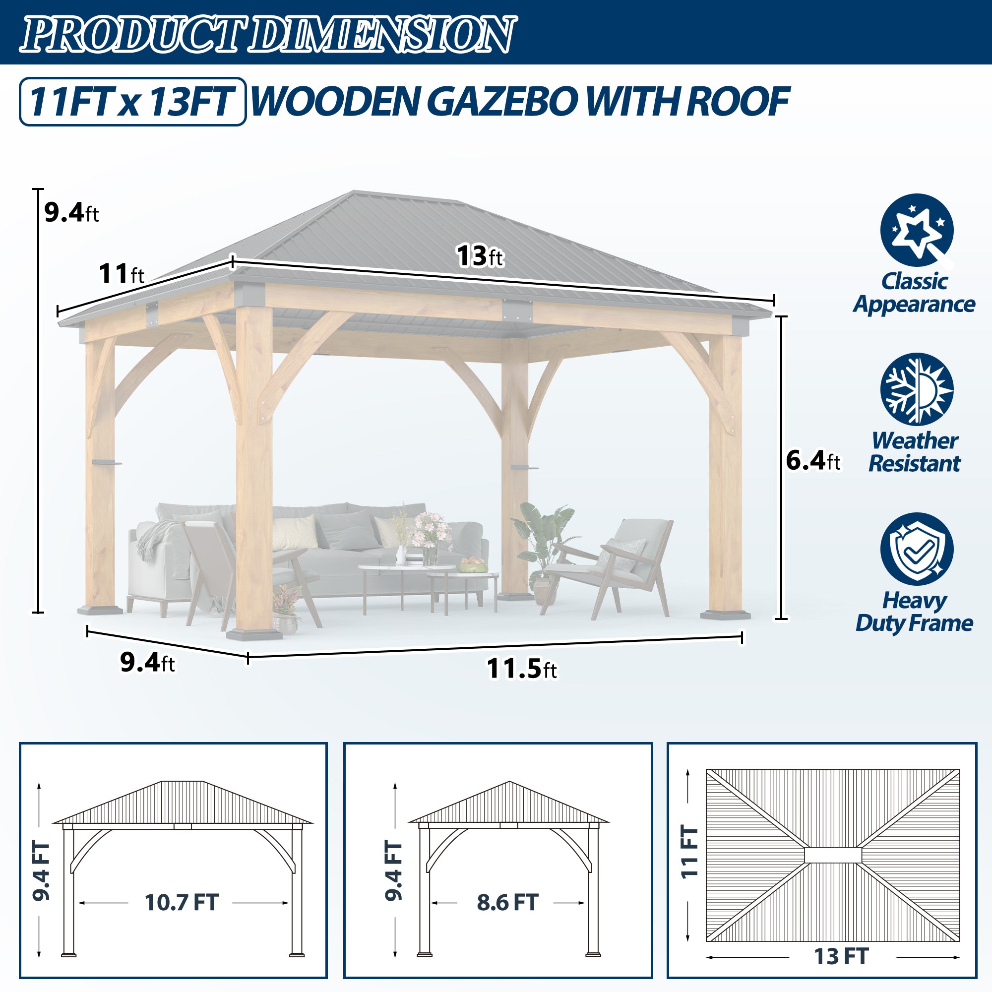11×13 ft Spruce Wood Hardtop Gazebo with Single Roof