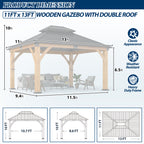 11×13 ft Spruce Wood Hardtop Gazebo with Double Roof