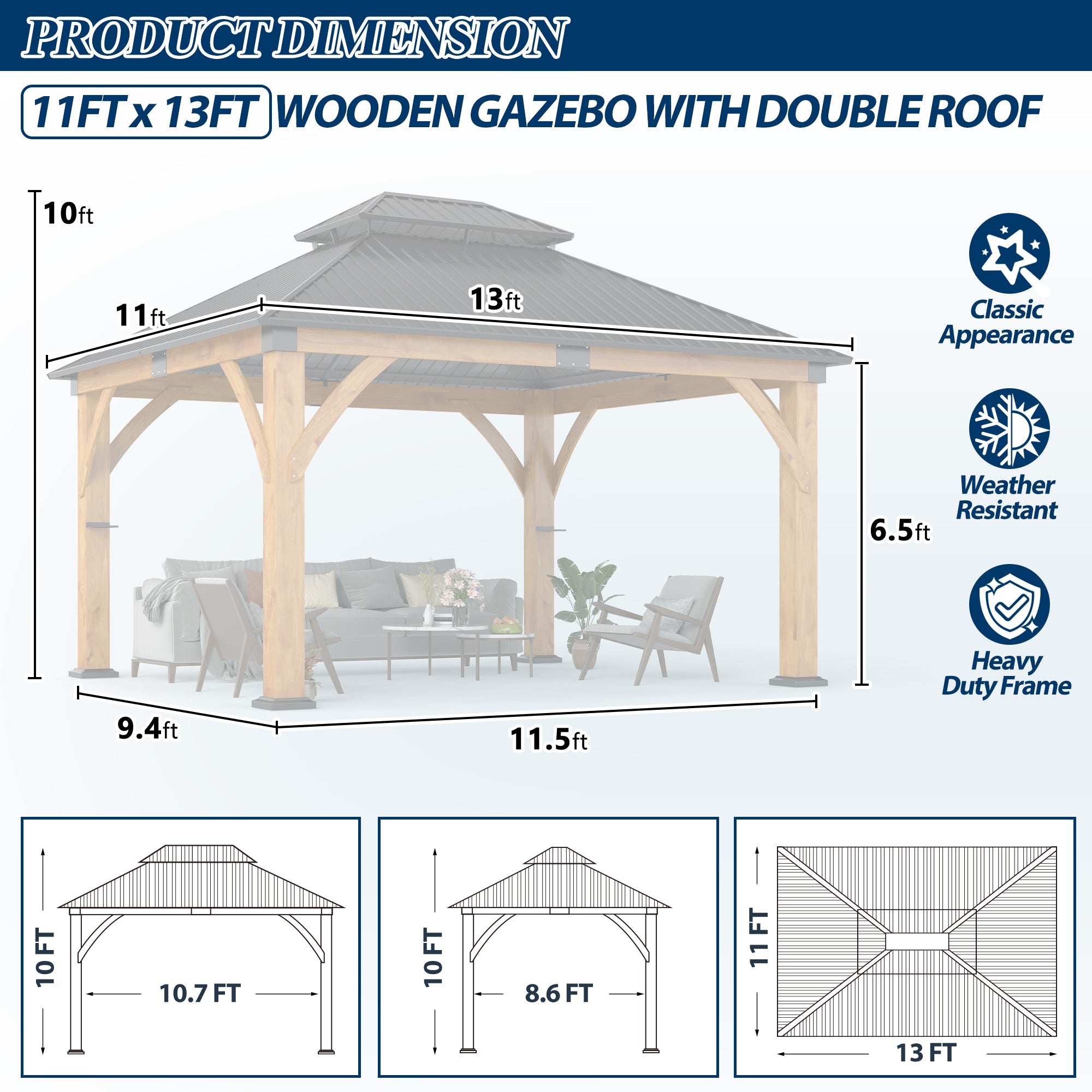 11×13 ft Spruce Wood Hardtop Gazebo with Double Roof