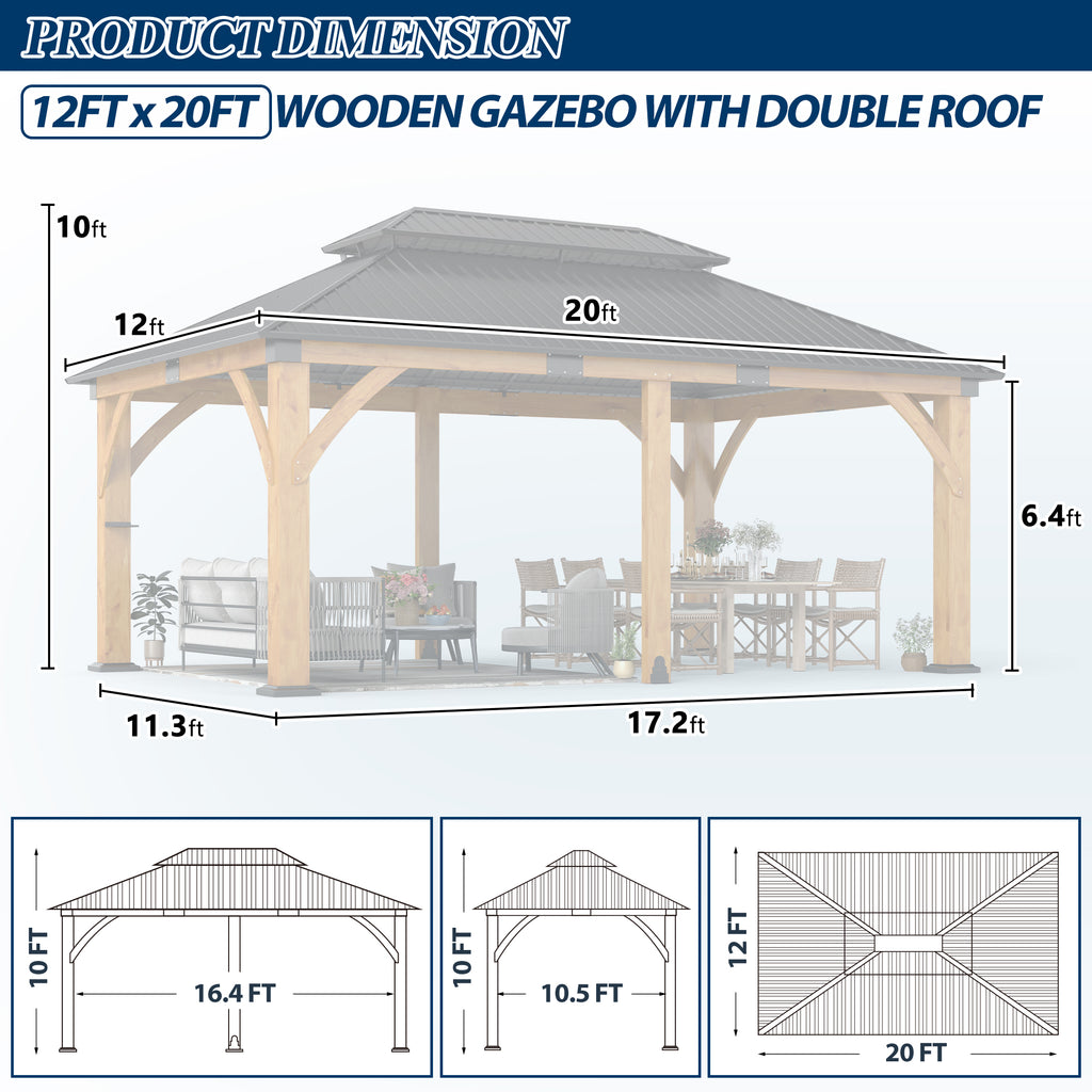 12×20 ft Spruce Wood Hardtop Gazebo with Double Roof