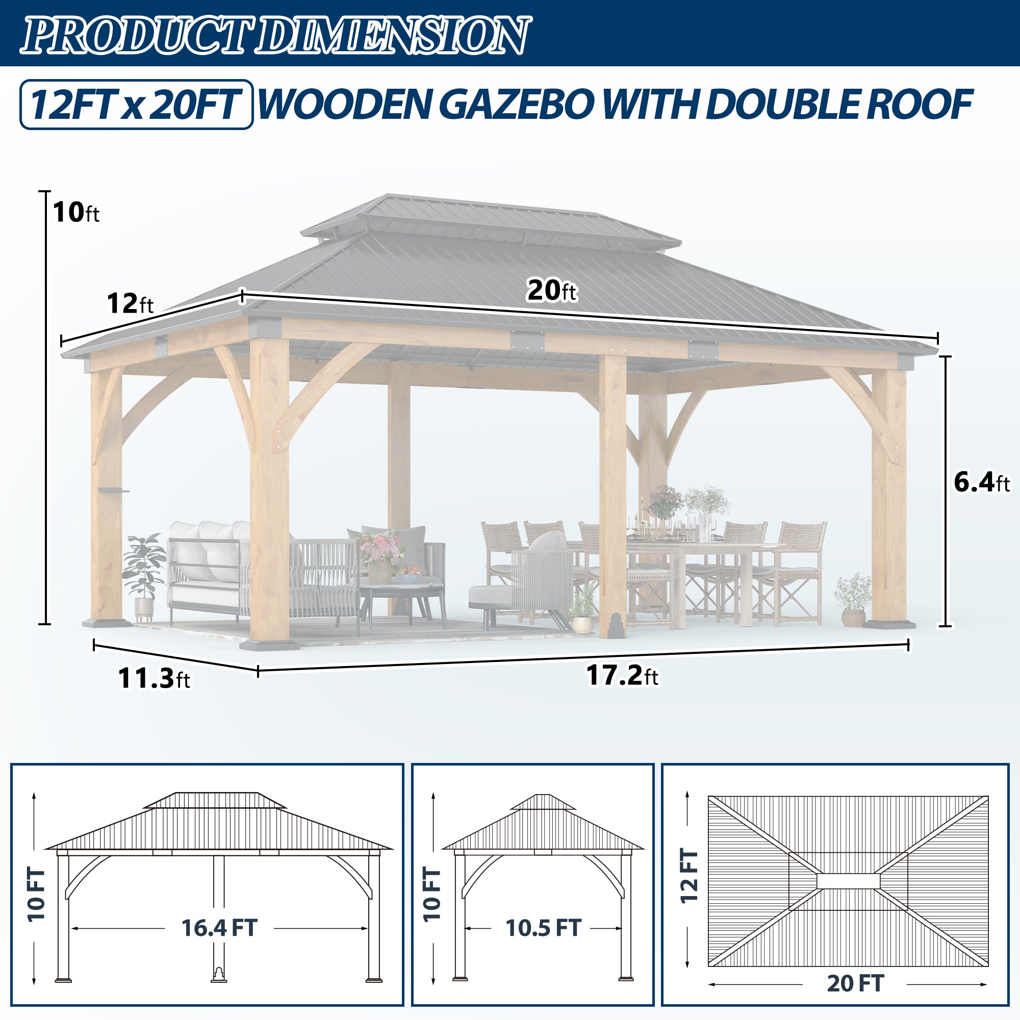 12×20 ft Spruce Wood Hardtop Gazebo with Double Roof