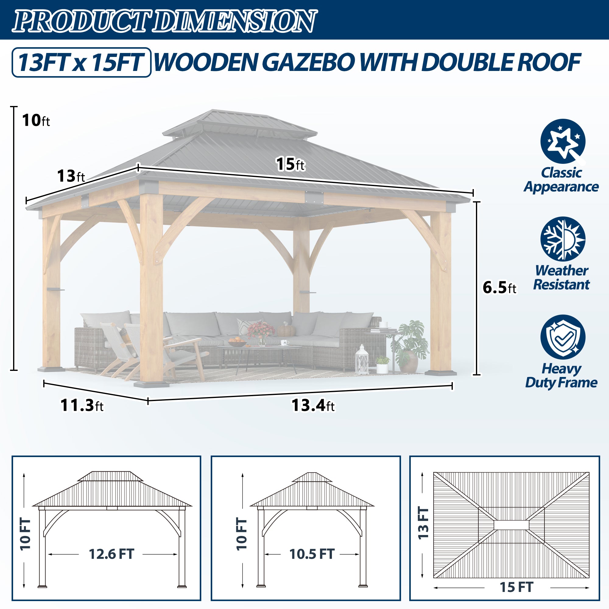 13×15 ft Spruce Wood Hardtop Gazebo with Double Roof